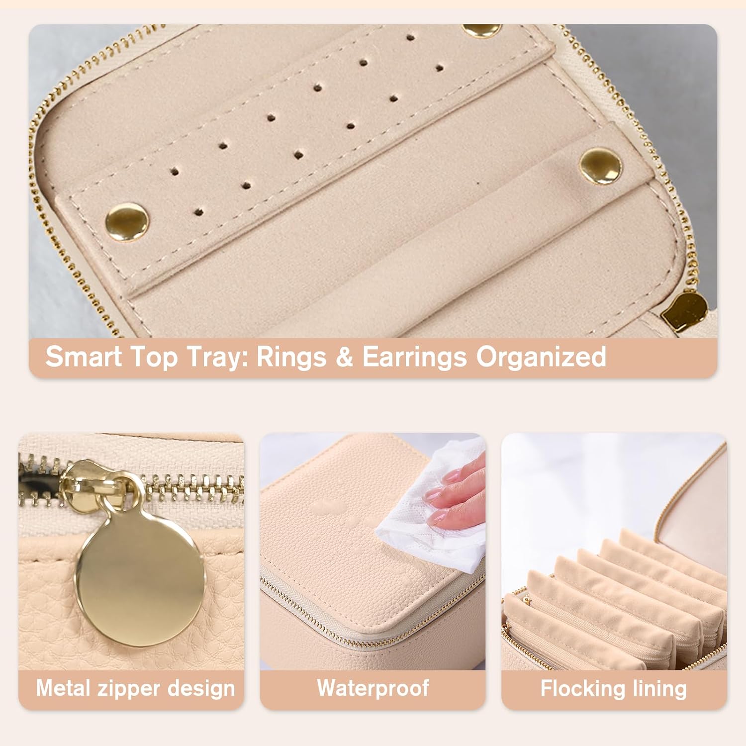 WOOMADA Travel Jewelry Case, Portable Jewelry Box with 6 Velvet Jewelry Zipper Pockets,Gift Idea for Women(beige)