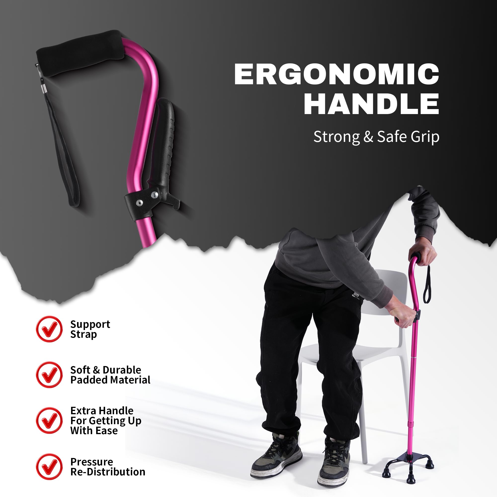 Stand Assist laska do chodzenia dla seniorów – składana, regulowana, czterokrotna laska z drugim uchwytem do dźwigni, samodzielna laska do chodzenia z 4-zębową podstawą dla stabilności i powrotu do