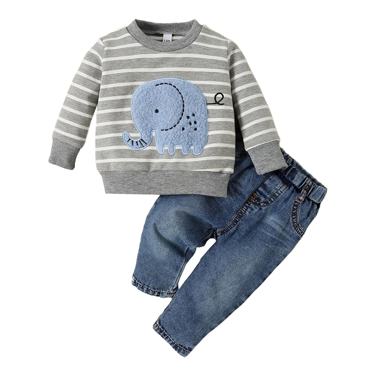 Conjunto de Otoño para Bebé Niño Pequeño Manga Larga Bordado de Elefante a Rayas Sudadera Top y Pantalón Vaqueros 2 Piezas Primavera Ropa de Trajes