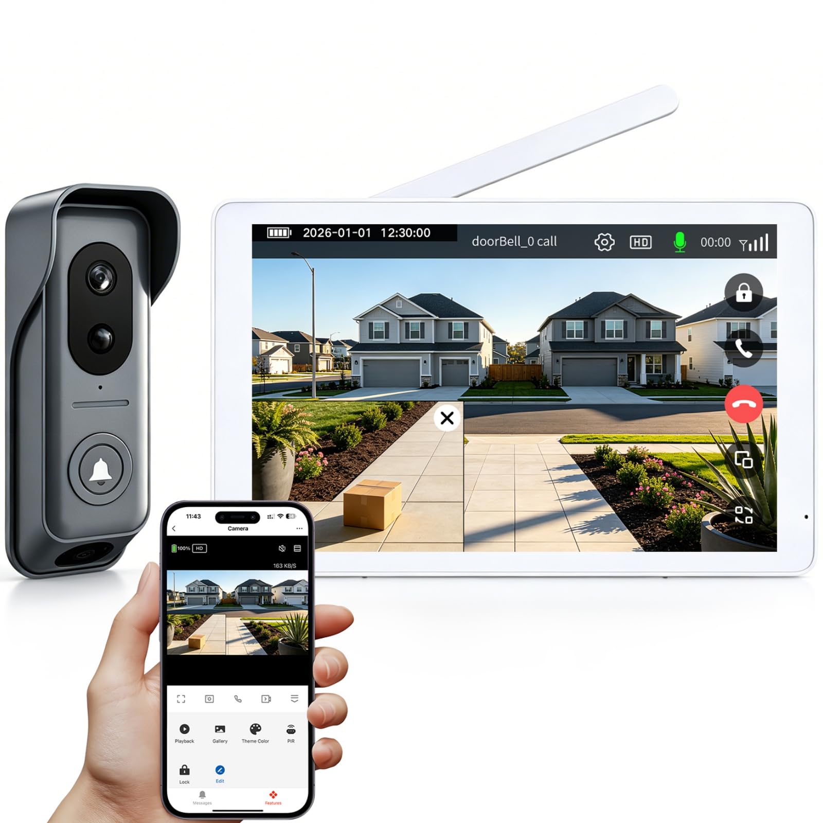 Sonnette Vidéo Double Lentille Sans Fil, Moniteur Tactile 8", Interphone Double Caméra WiFi 1080P, Détection Mouvement,Audio Bidirectionnel,Vision Nocturne,Stockage Local Sans Frais Mensuels, App Tuya
