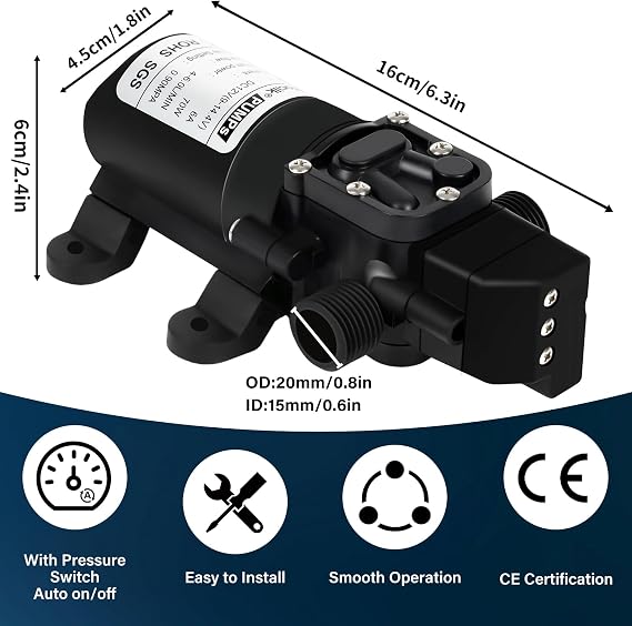 DC 12V Water Pump,1GPM 4L/Min G1/2 20mm Self Priming Diaphragm Pump with Pressure Switch for Water Tap,Campervan,Kitchen,Bathroom,Water Tank