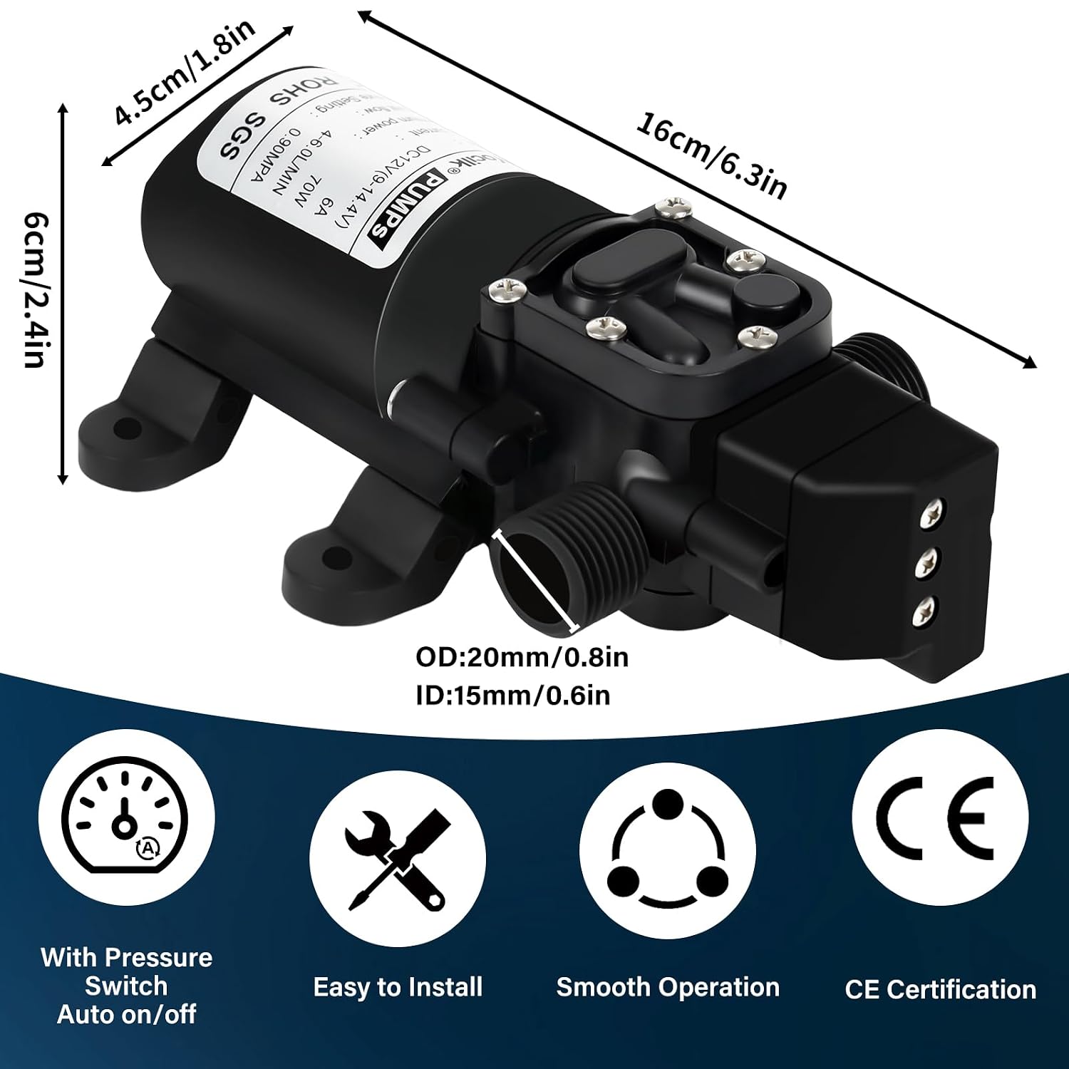 DC 12V Water Pump,1GPM 4L/Min G1/2" 20mm Diaphragm Pump with Pressure Switch for Pumping Water