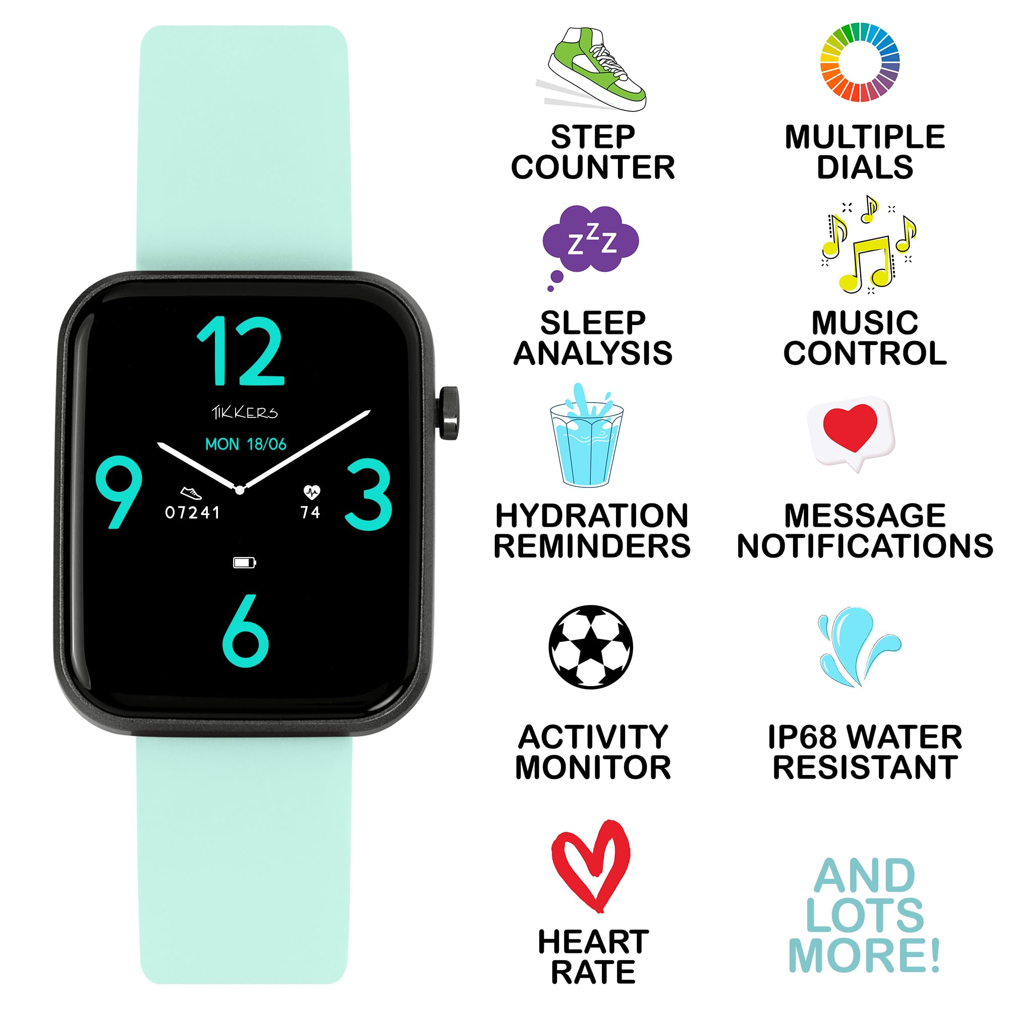 Tikkers Kids Series 13 Smart Watch z trackerem fitness, budzikiem, kamerą, połączeniem GPS, pulsometrem, licznikiem kroków, ekranem dotykowym, niebieskim paskiem silikonowym