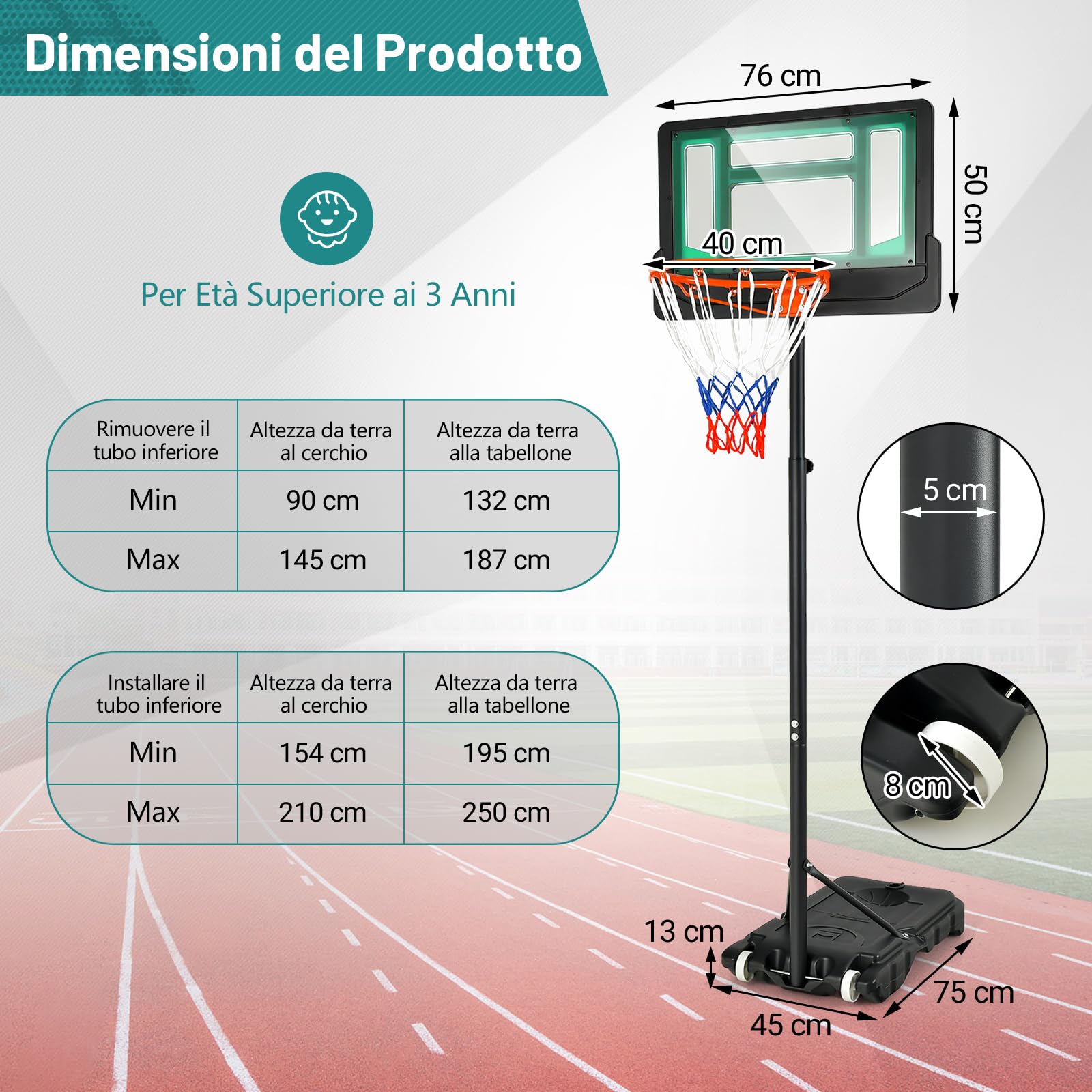 COSTWAY Canestro Basket Bambini, Canestro da Basket Esterno ed Interno Portatile e Regolabile in Altezza 90-210cm, con Ruote, Tabellone Infrangibile e Incavo per Pallone