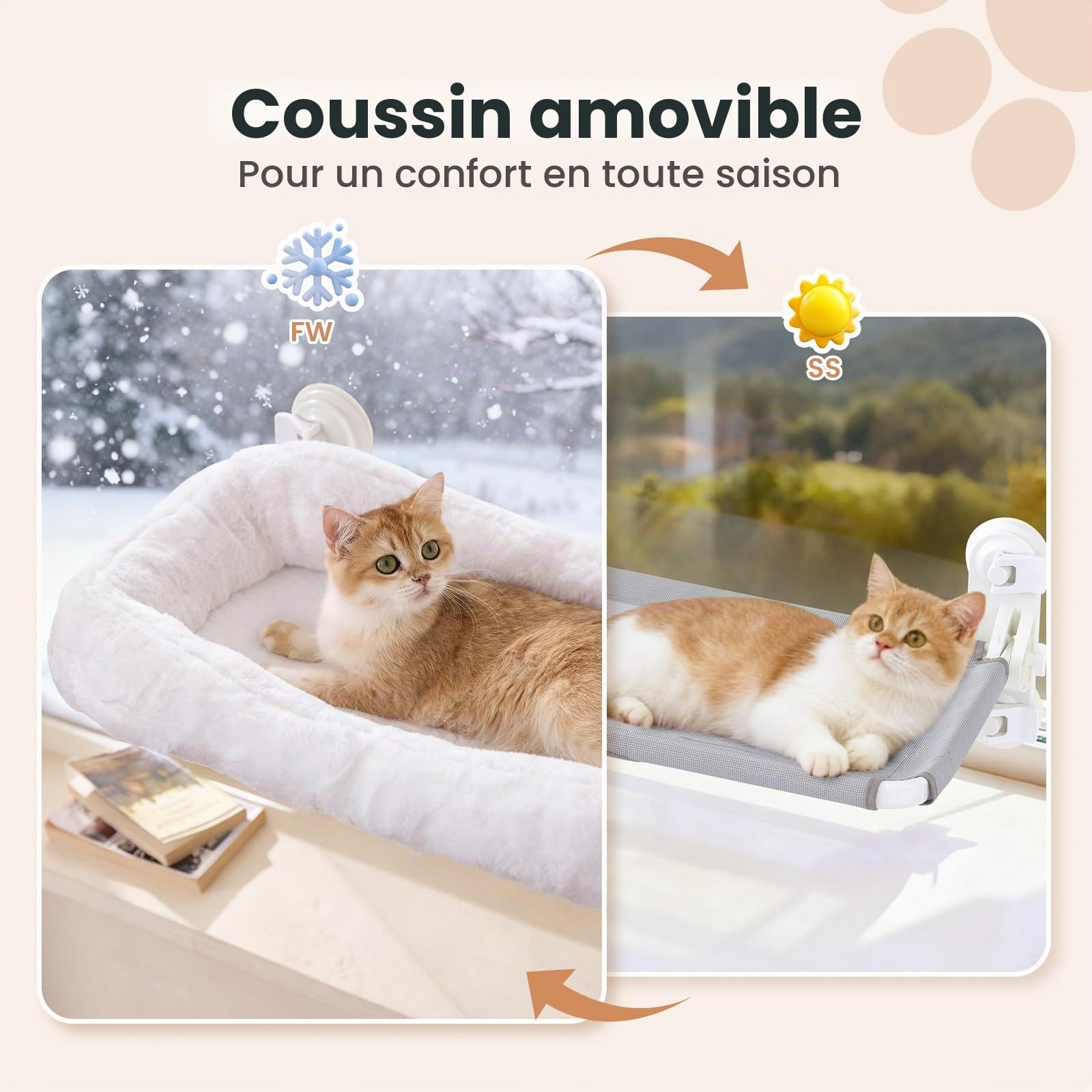Gardner Pet Hamac Chat Fenêtre avec Coussin Lavable 71x43cm， Hamac Stable et Confortable avec 4 Ventouses Puissantes, Lit Suspendu pour Grand Chat Charge Maximale 25 kg - Blanc