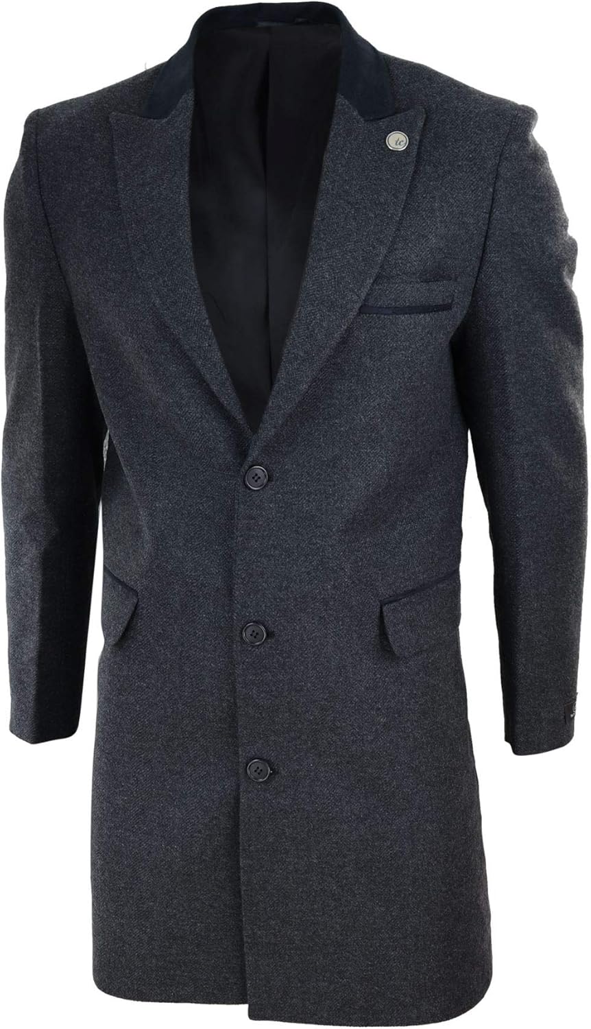 TruClothing Mens 3/4 Long Overcoat Jacket Herringbone Tweed Coat Fit - Image 2