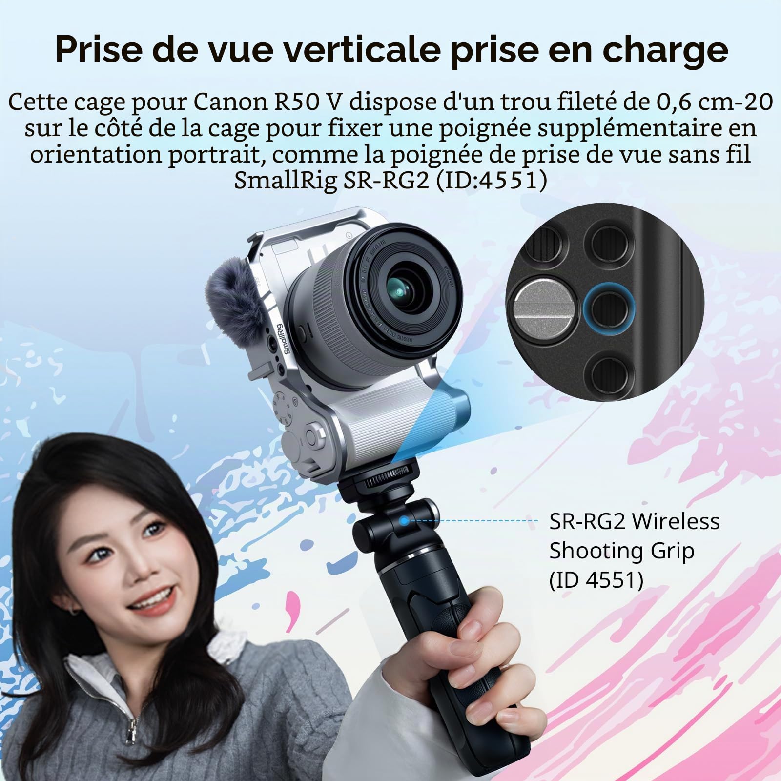 SMALLRIG R50 V Cage pour Appareil Photo pour Canon R50V, Poignée Ergonomique Intégrée, Plaque QR pour Arca, Trou Fileté 1/4"-20, Trous 3/8"-16 pour ARRI, Prise de Vue Verticale (Argent) - 5428