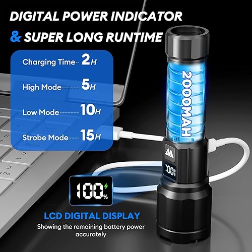 Miniatura 4 de Paquete de 3 linternas recargables de alto lúmenes, linterna táctica LED súper brillante con pantalla de alimentación LCD, linternas con zoom de 15