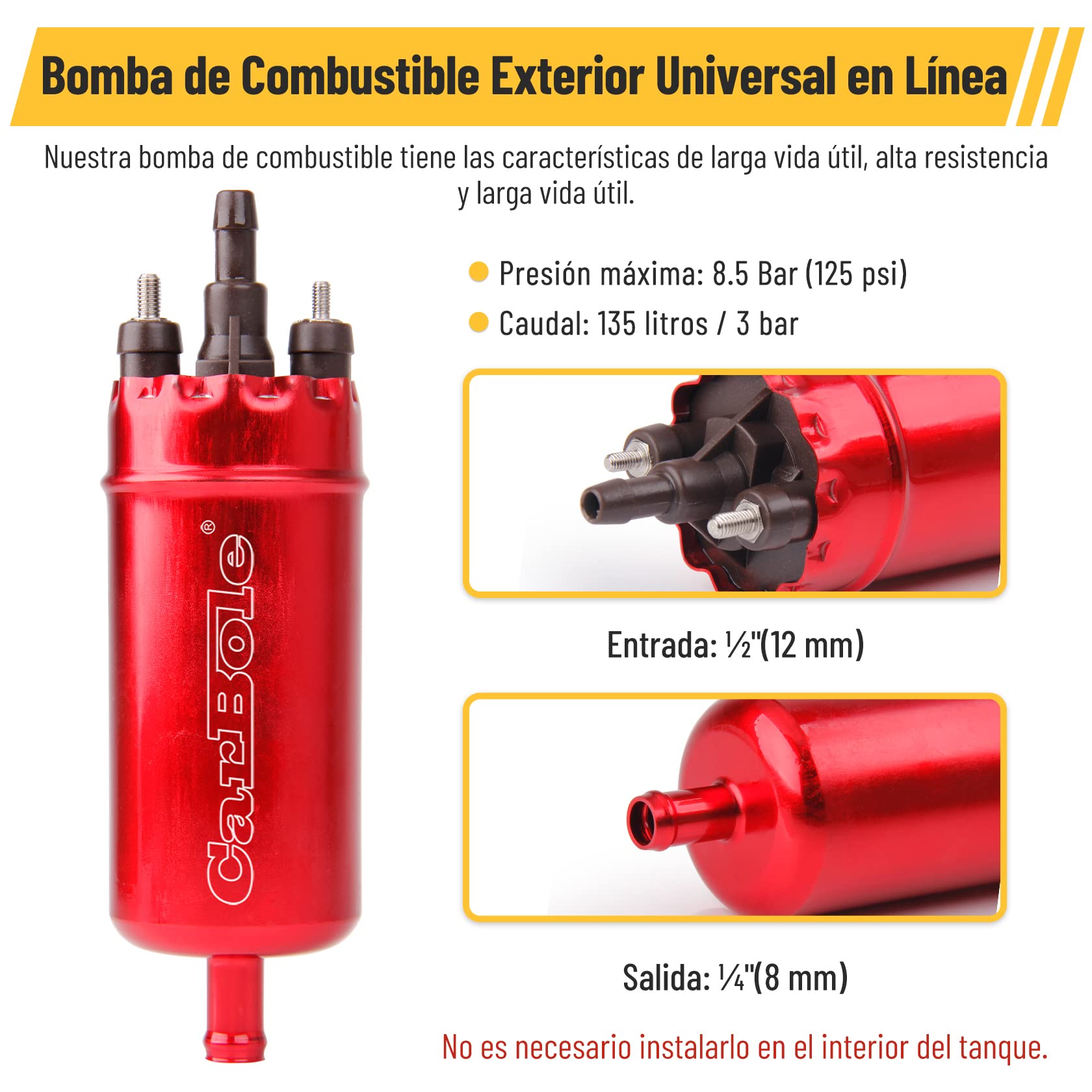 CarBole Bomba de Combustible en Línea Externa,Alta Presión de 125PSI | Recambio para la 0580464070, Bomba de Combustible Eléctrica, Fácil de Montar, Rojo