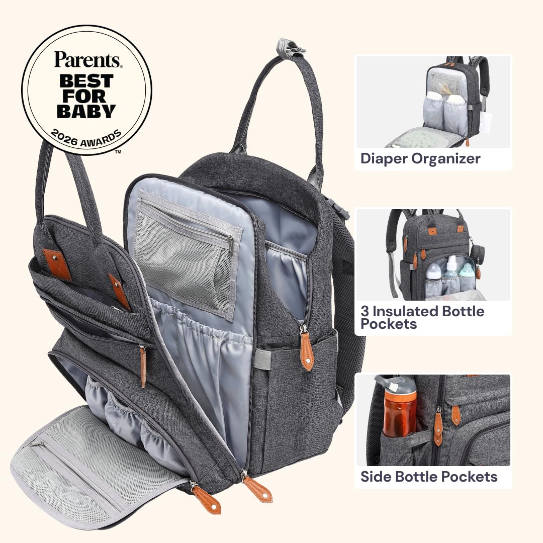 BabbleRoo Diaper Bag Backpack - Baby Essentials Travel Tote - Multi Function Water Resistant Diaper Bag, Travel Essentials Baby Bag with Changing Pad, Stroller Straps & Pacifier Case