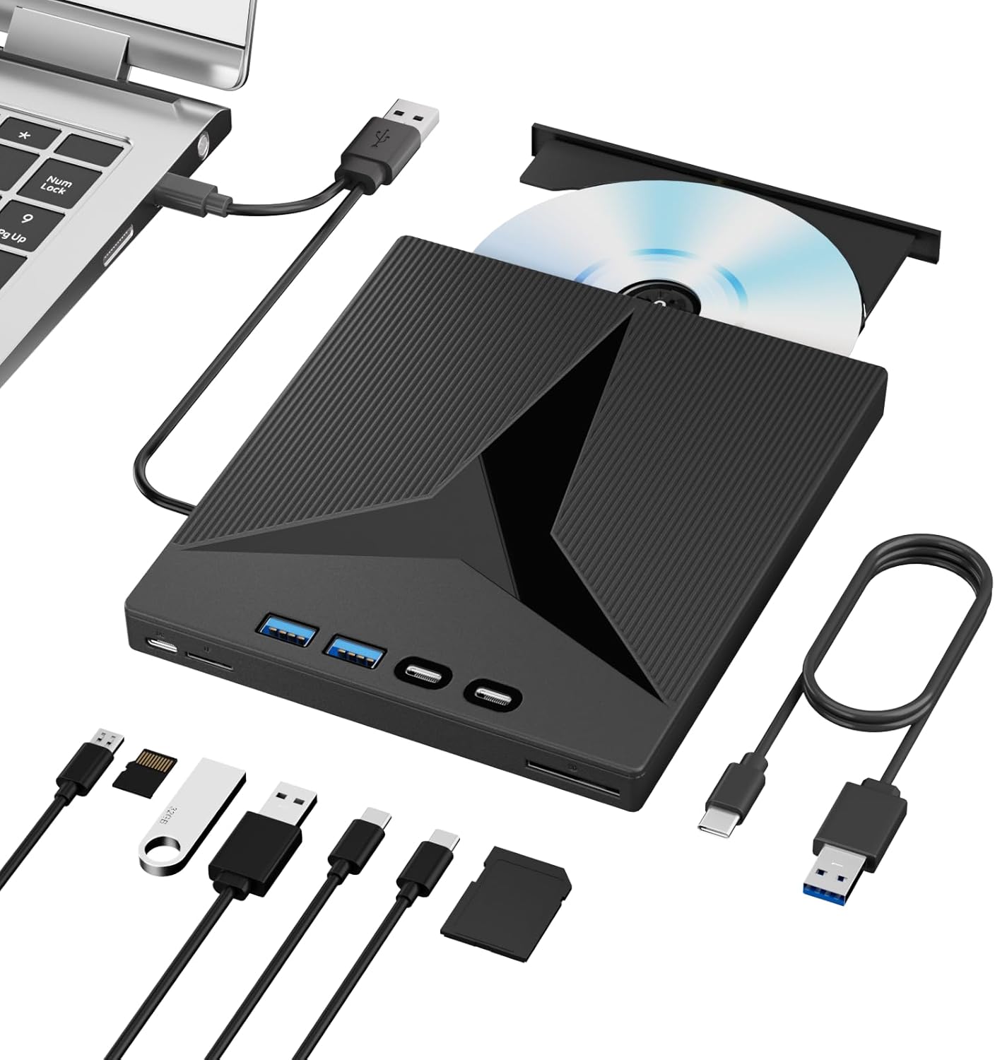7 in 1 External CD/DVD Drive for Laptop, Portable External CD Drive for PC, USB 3.0 & Type-C CD Burner for Laptop External Disc Drive, CD Reader for PC with SD/TF Card for Desktop Windows Mac Linux