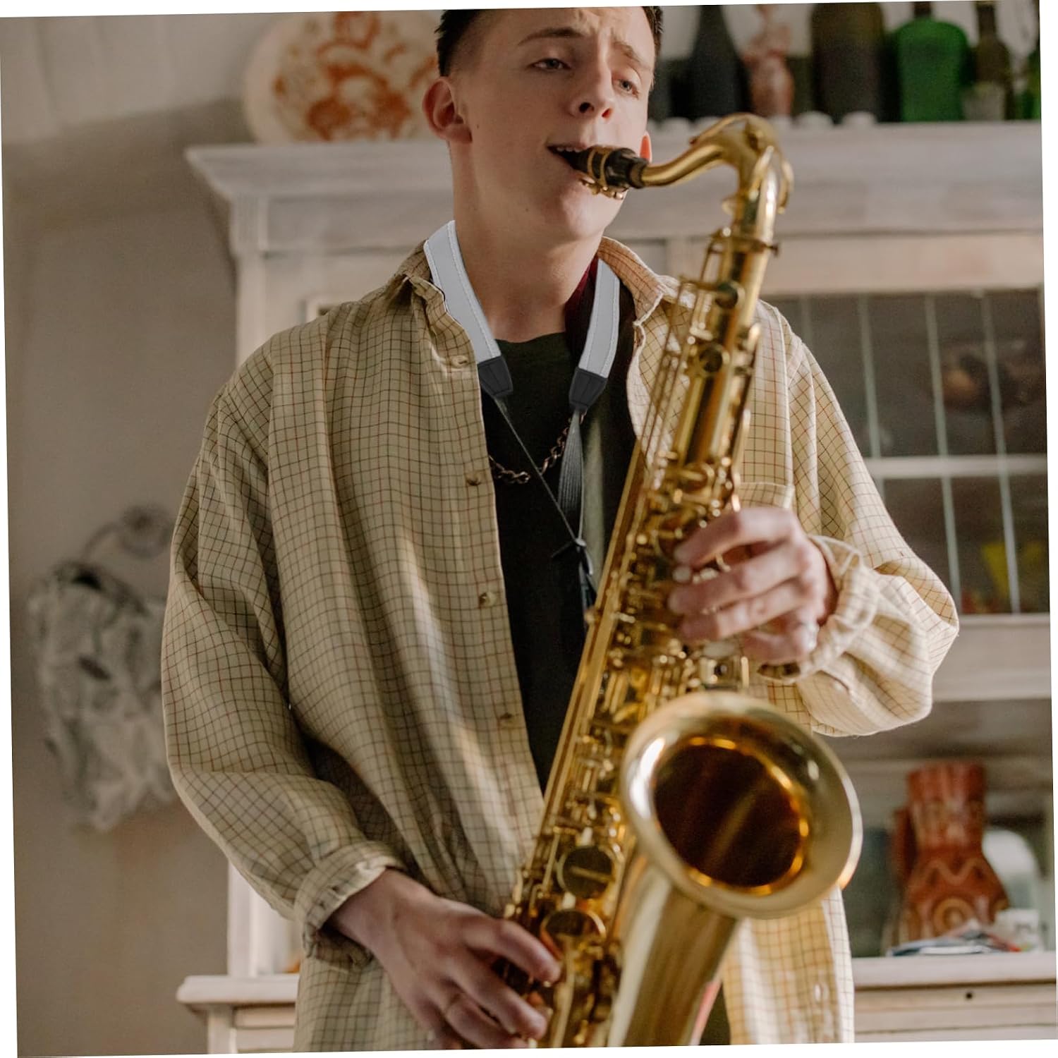 Adjustable Breathable Saxophone Neck Strap Comfortable Design Metal Hook for Alto and Tenor Saxophones for Musicians