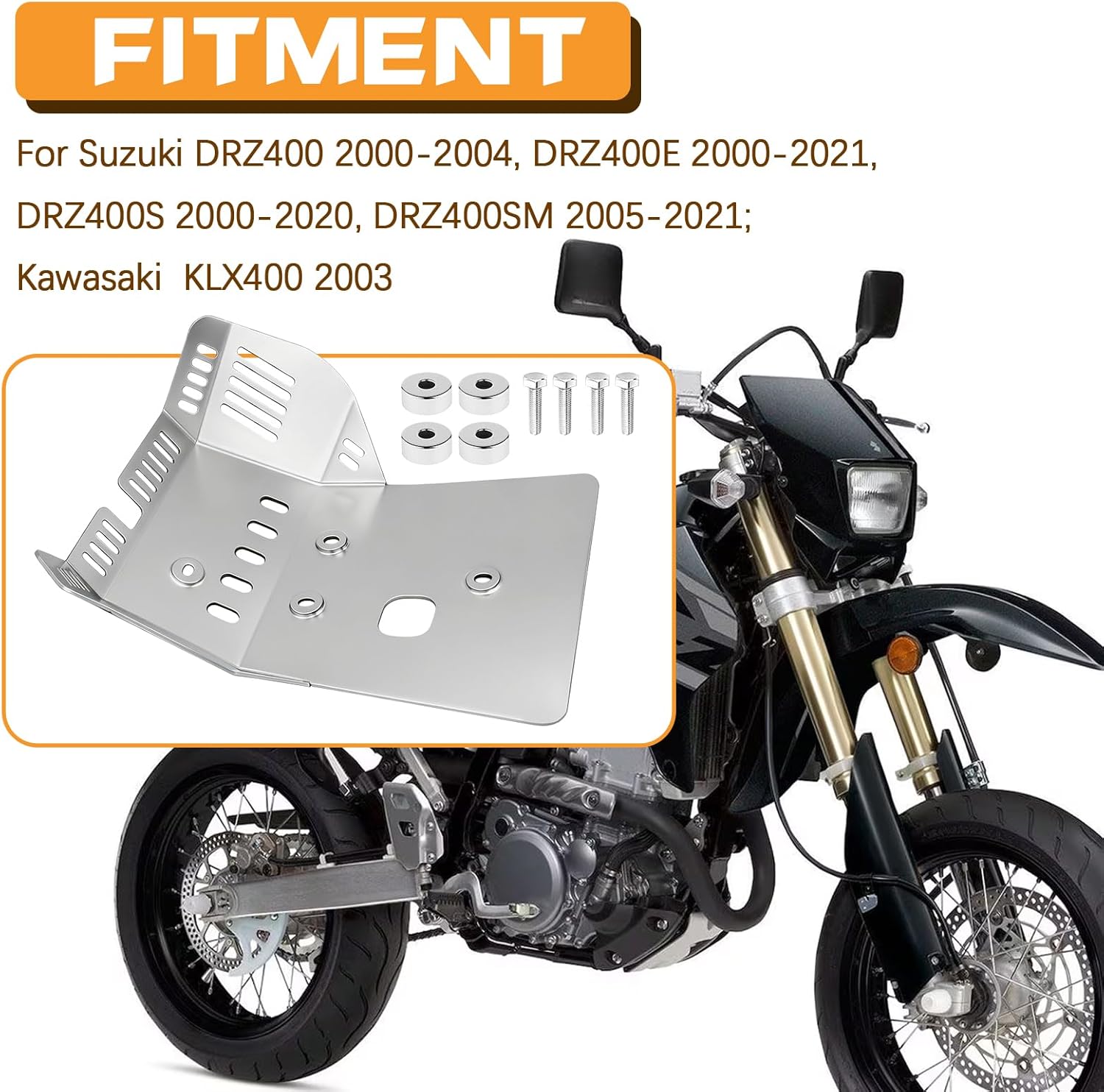 Front Skid Plate for Suzuki DRZ400 400E 400S 400SM 2000-2024 & 2003 Kawasaki KLX400 Models Dirt Bike Engine Guard Cover Protector (Made of Stainless Steel)