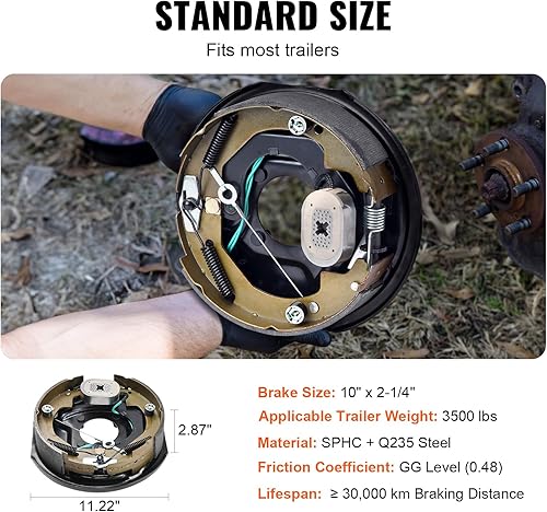Miniatura 4 de VEVOR Conjunto de freno de remolque eléctrico, 10 x 2-14 pulgadas, 1 par de frenos eléctricos autoajustables para eje de 3500 libras, montaje de 4