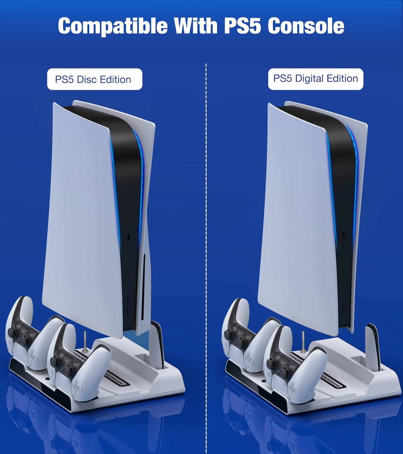 CYKOARMOR PS5 Cooling Station with Dual Fast Controller Charger for P5 Console, PS5 Accessories Vertical Base with Cooler Fan, PS5 Stand with Charging Dock and 13 Game Holder Storage White