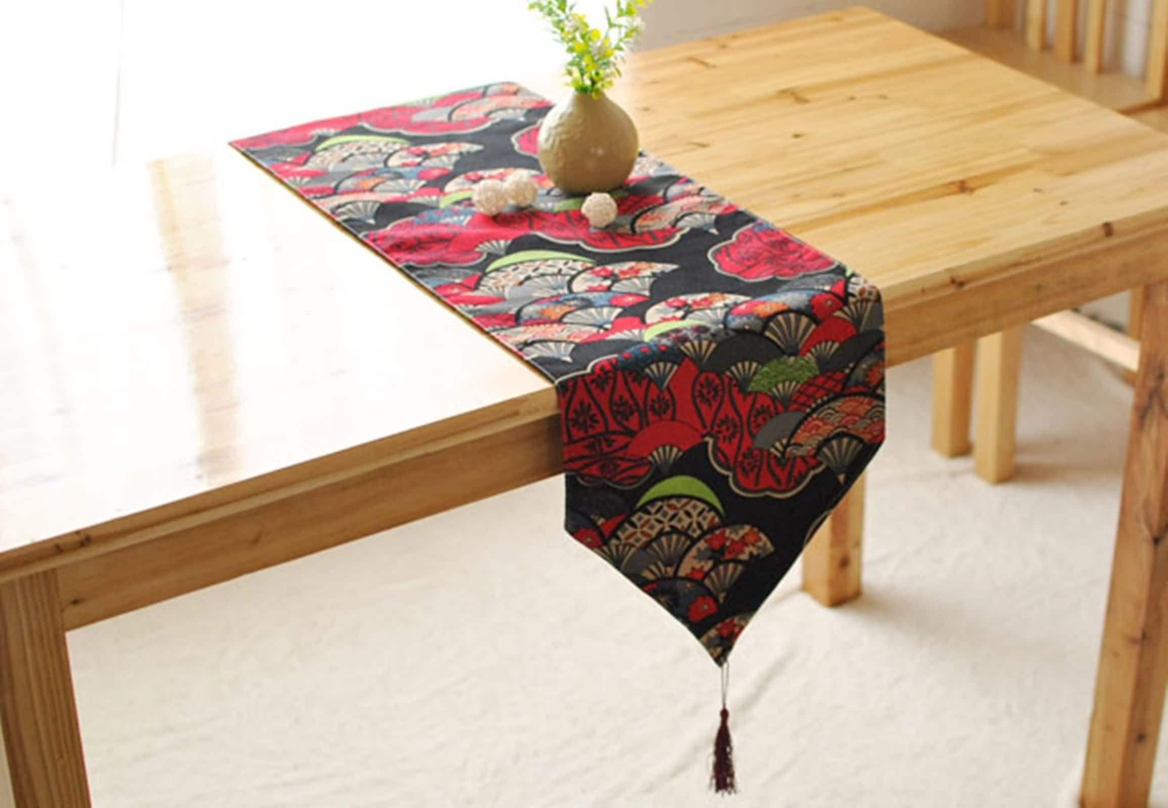 Runner da tavolo per San Valentino, runner autunnale, rosso, 40 x 200 cm, motivo ventaglio vintage in cotone e lino sala da pranzo moderna cucina soggiorno arredamento