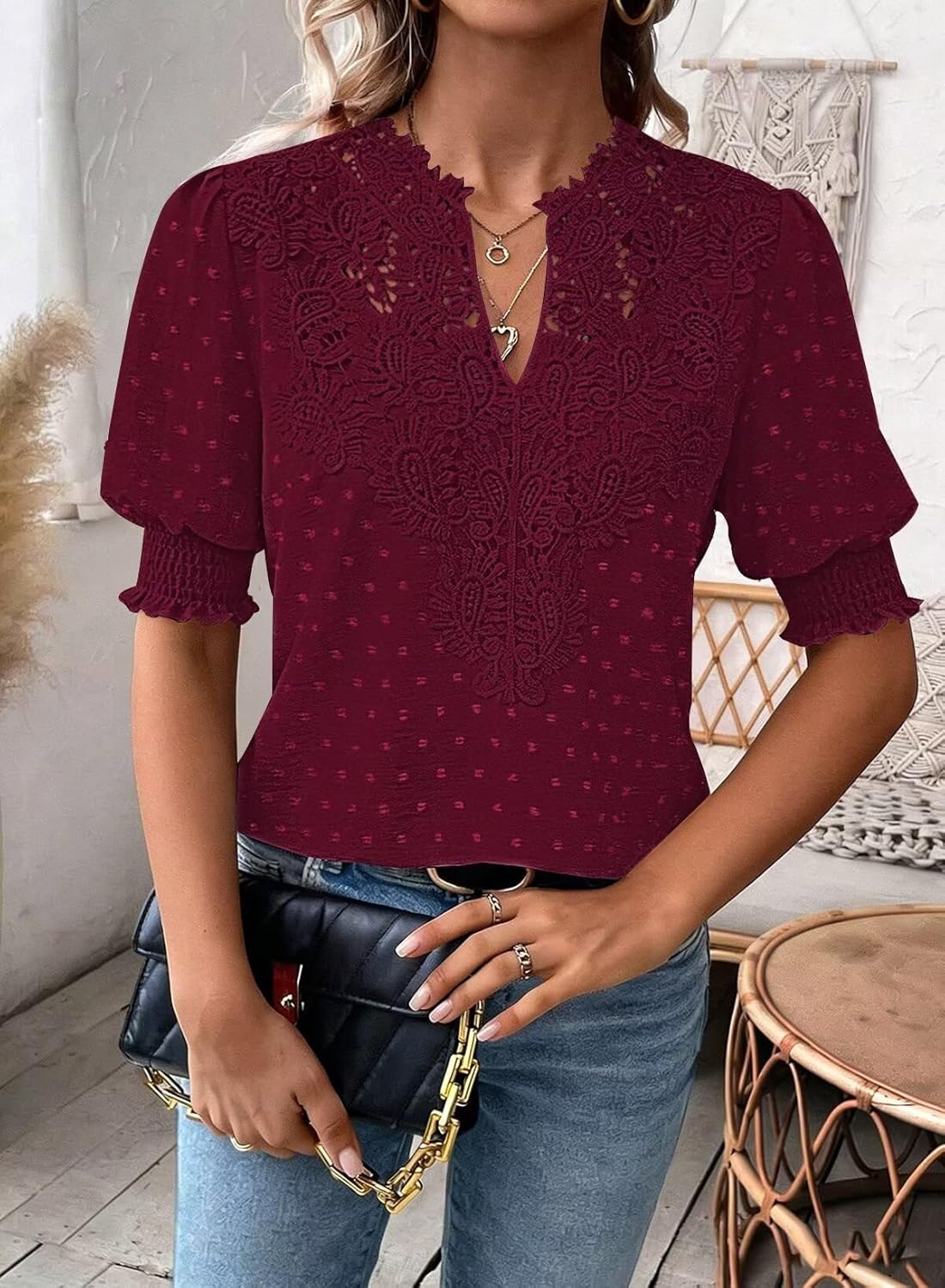 Womens Summer Tops Boho Short Sleeve Shirts V Neck Casual Chiffon Blouses Flowy Lace Hem Spring Clothing Trendy 2025 - Image 6