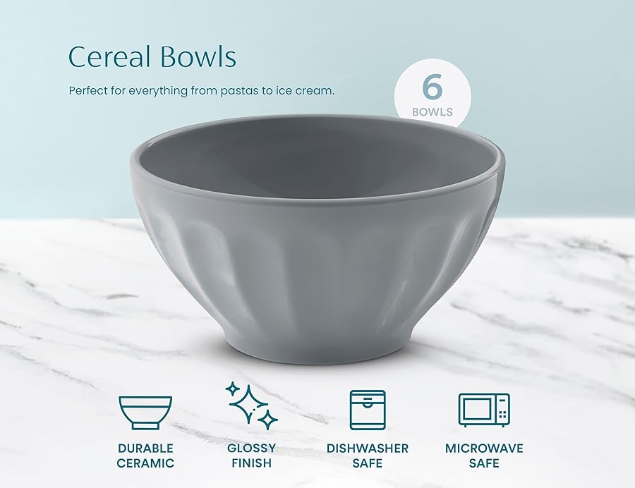 KooK Cereal Bowl, Bowls for Kitchen, Set of 6, Ceramic, for Soup, Pasta, Salad, Dessert, Dinnerware Bowls, Microwave and Dishwasher Safe, 20 Oz, (Powder Grey) - image 5