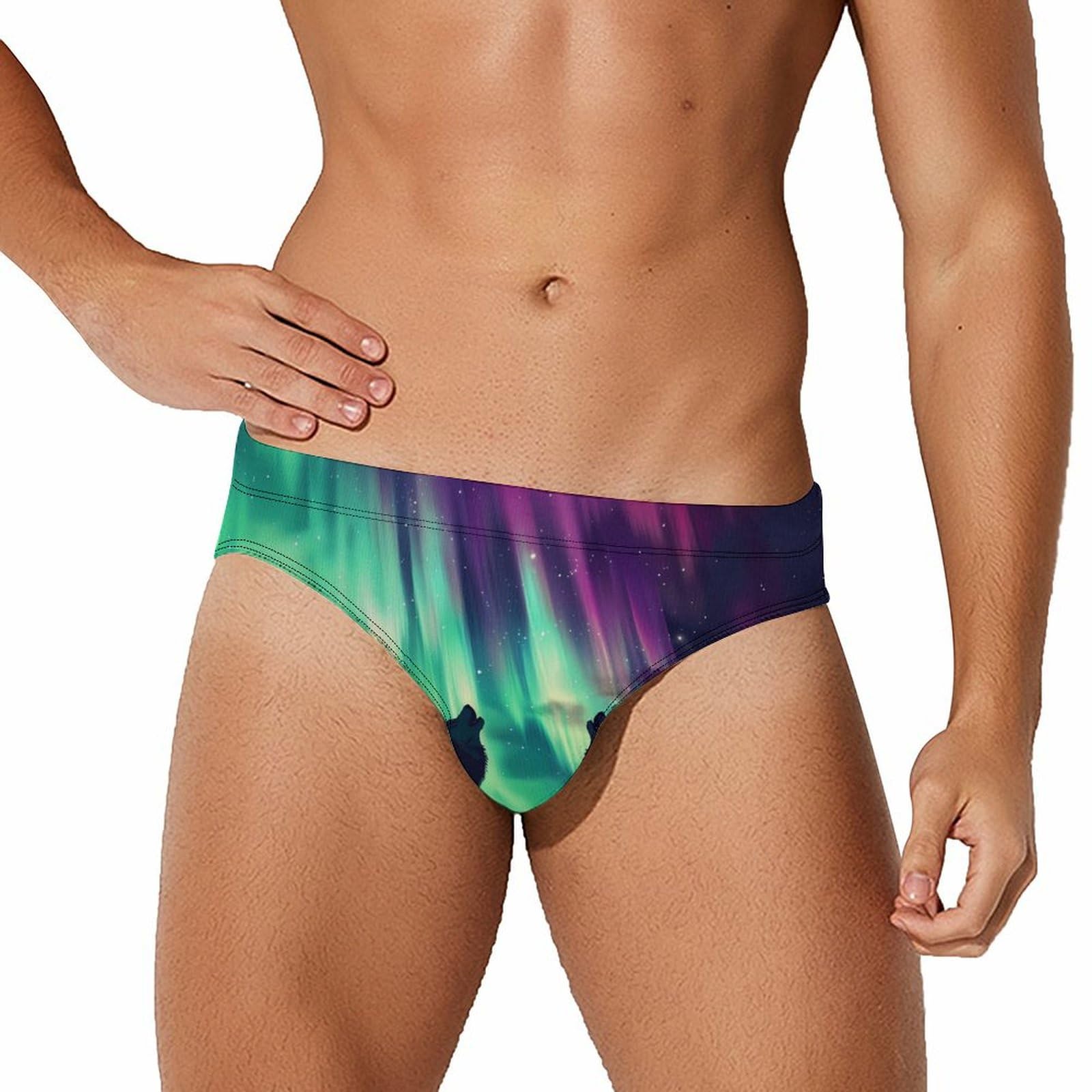 Northern Lights Wolf Mens Swim Briefs Bikini Swimwear Print Beach Shorts Sexy Swimsuit 2XL
