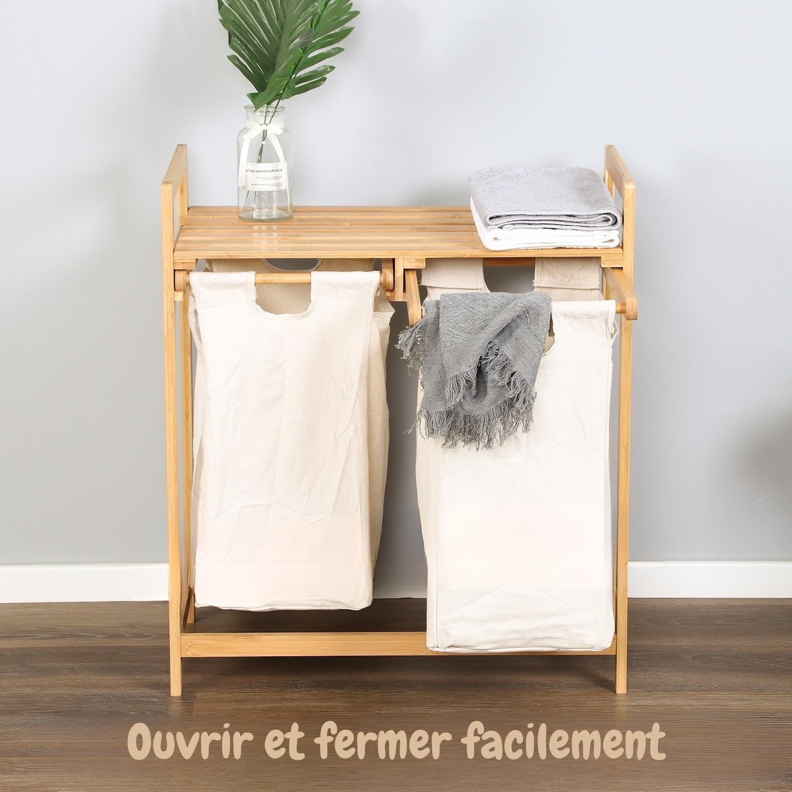 KARAT - Panier à Linge en Bambou - Bac à Linge Chambre Salle de Bain - Collecteur de Linge Sale - Trieur en Bois avec bac à Linge - Tri-Linge écologique - Dakota - 33P x 64L x 73H cm