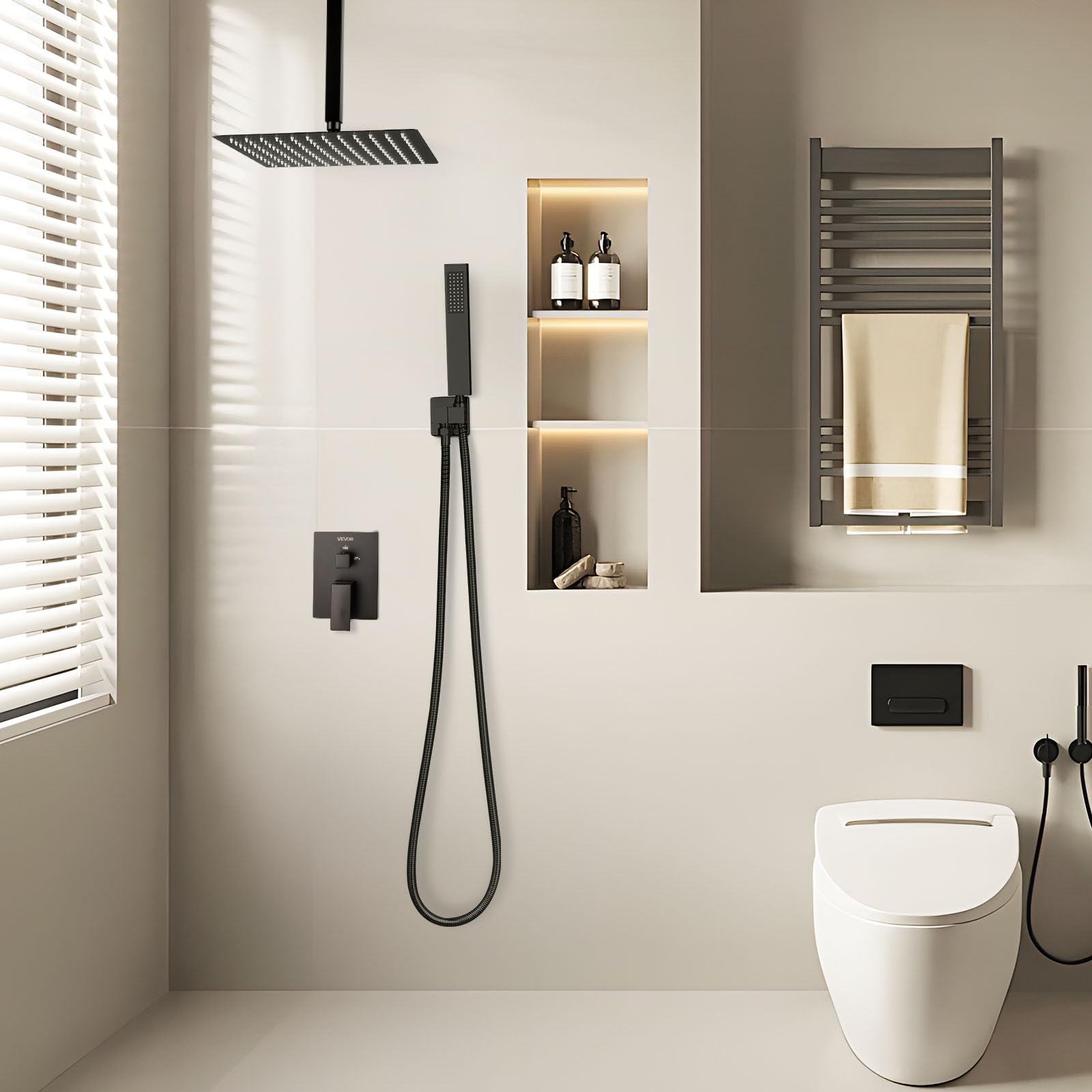 Image secondaire de Ensemble de Robinetterie de Douche VEVOR Noir Mat avec Pommeau Carré et Douchette à Main