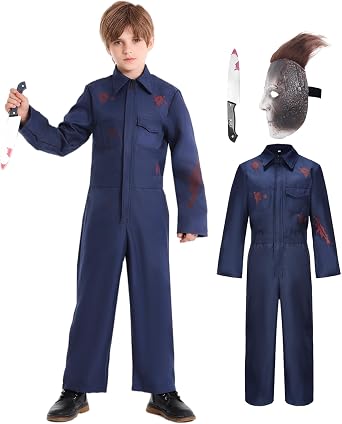 Kids Halloween Killer Costume Boys Horror Cosplay Blue Jumpsuit with Blood Mask Knife Theme Costumes Party