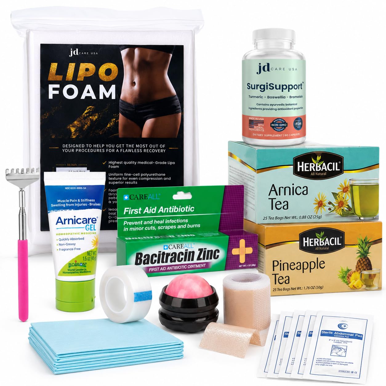 JDCare USA Lipo Surgery Recovery Kit, 22-Piece Supplies & Must Haves | A trusted, complete lipo recovery kit: SurgiSupport, compression foam & scar care