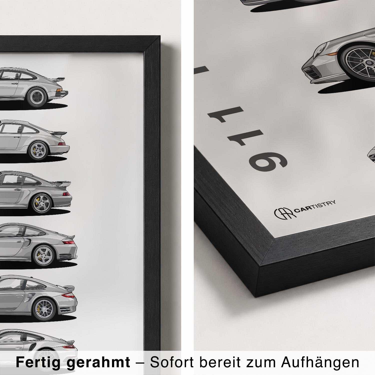 Cartistry Auto Poster 911 Turbo Generationen (70x50cm, Holzrahmen Schwarz) | Geschenk für Männer, Geschenk für Autoliebhaber