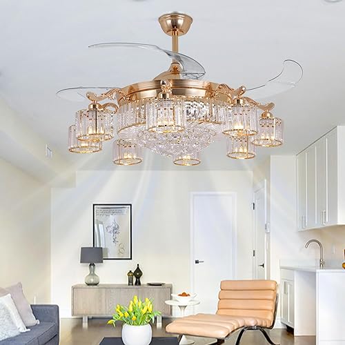 Miniatura 2 de MORE CHANGE Ventilador de techo de cristal de 42 pulgadas con luz y control remoto, ventilador de techo de lujo de oro rosa con aspas retráctiles,