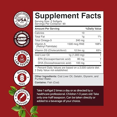 Miniatura 10 de Cápsulas blandas de aceite de hígado de bacalao islandés  Aceite de pescado omega 3 capturado silvestre EPA DHA Omega 3 de 1000 mg  Suplemento de