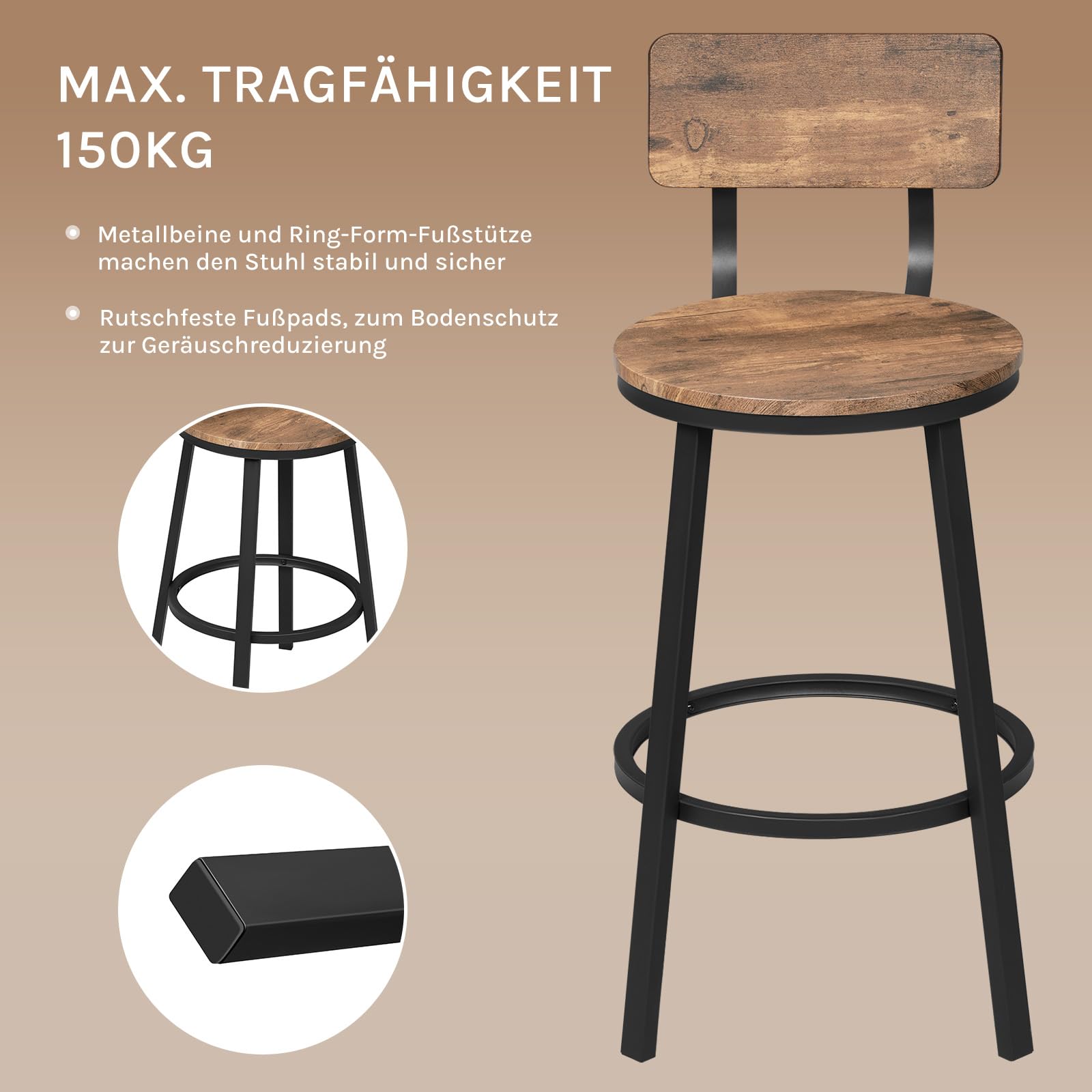 WOLTU Barhocker 2er Set, Barstuhl mit Rückenlehne, Industriestil, Braun