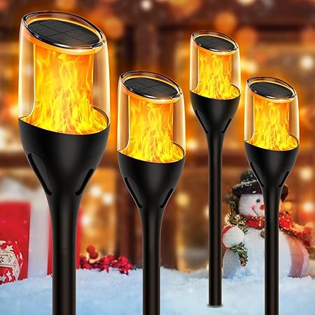 Solar Outdoor Lights, 4 Pack Taller Solar Torch Lights with Flickering Flame, Waterproof Solar Garden Pathway Lights, Flame Torches for Outside Patio Path Yard Decorations