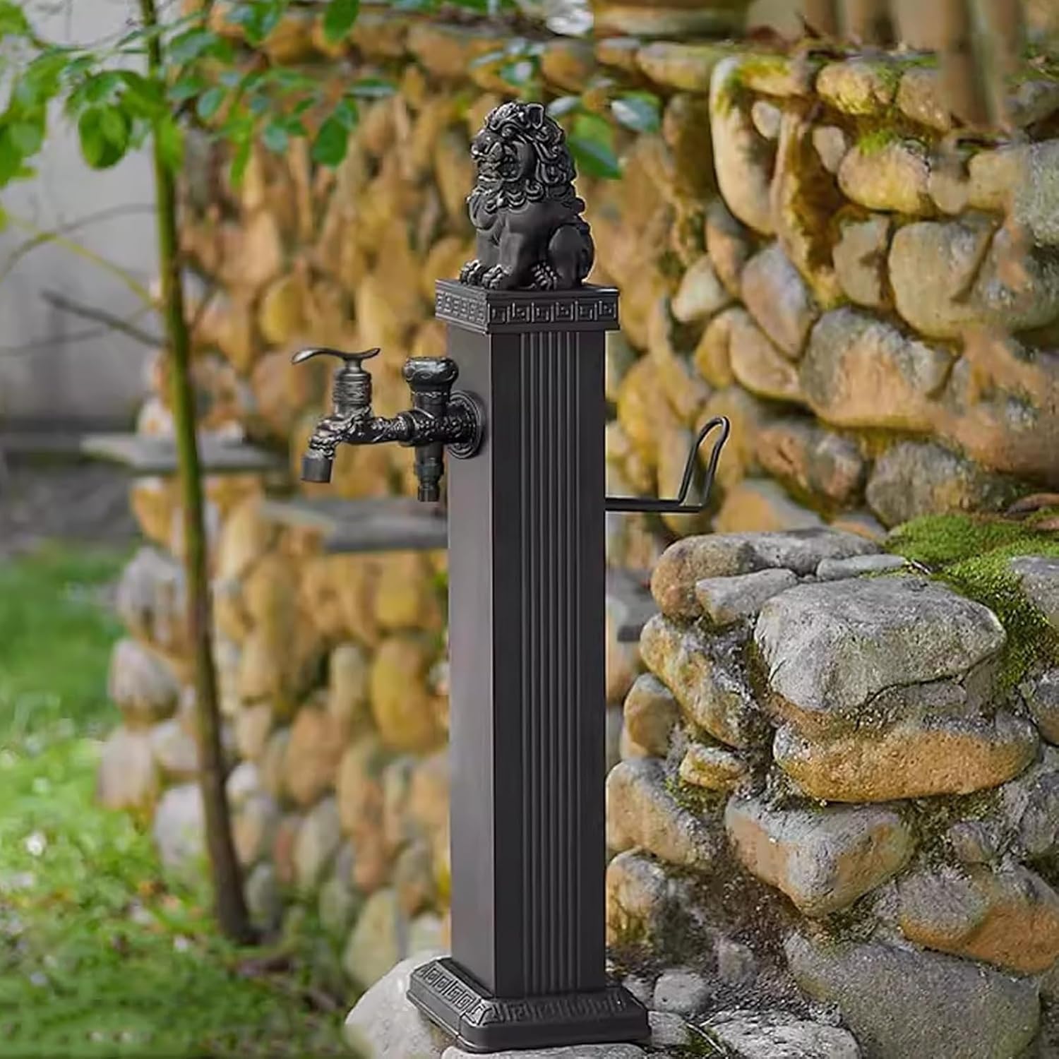Freestanding Garden Water Column with Faucet, Outdoor Vertical Faucet for Double Outlet, Includes Hose Hanger for Yard Hydrant
