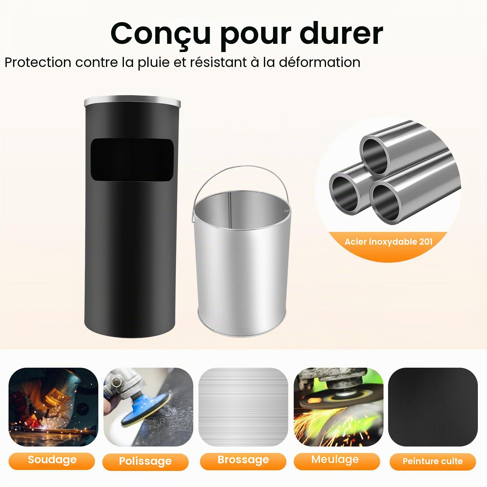 Poubelle en acier inoxydable de 30 litres, cendrier debout, poubelle, poubelle intérieure amovible, poubelle en acier pour bureau, hôtel et jardin (noir)