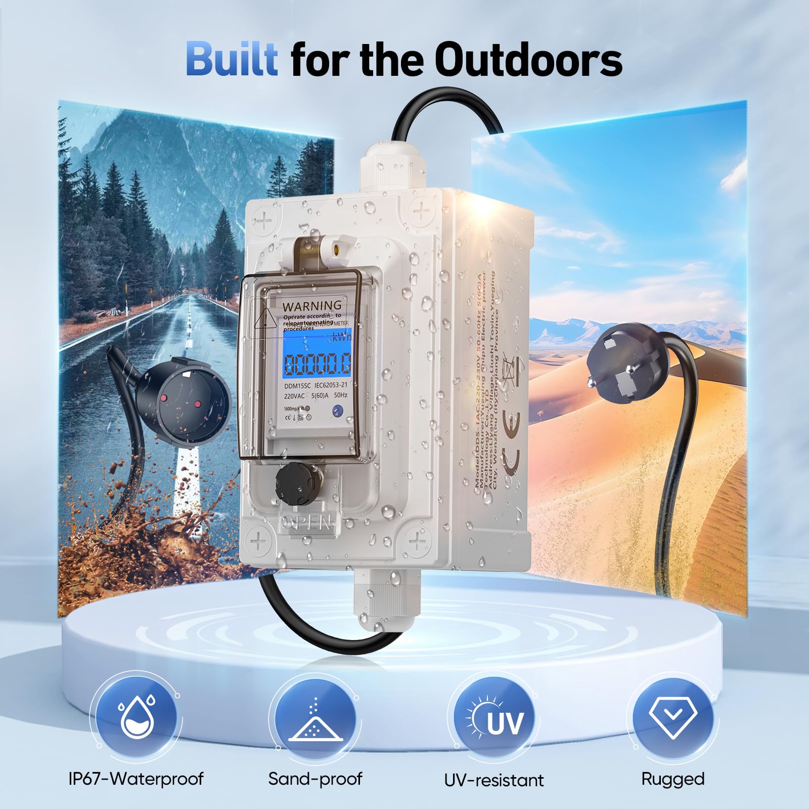 Contatore elettrico digitale portatile 230 V, monitor del consumo di energia con spina industriale/cavo in gomma, monitor di energia portatile impermeabile IP67 per camper/elettricità