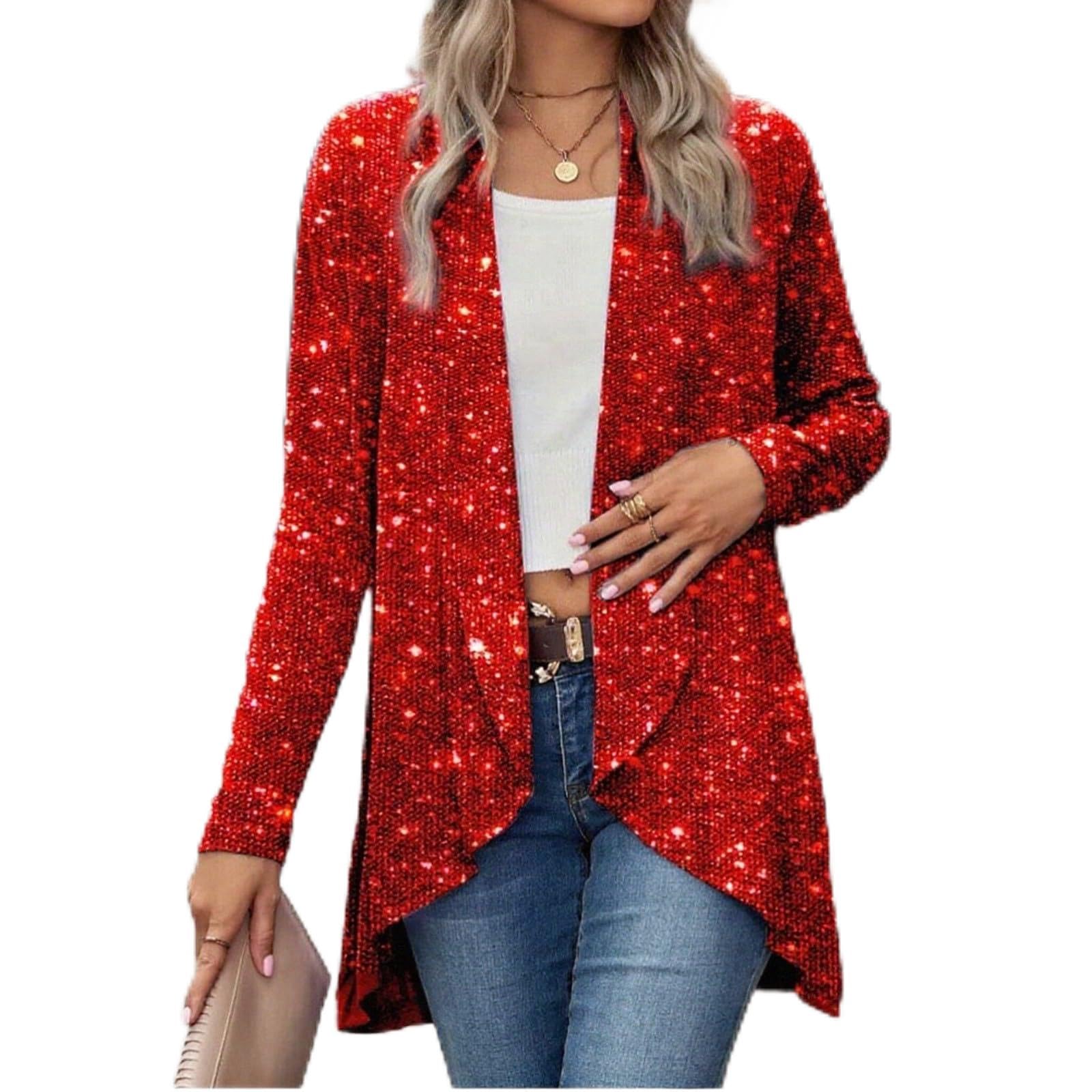 Sequin Cardigans for Women Long Sleeve Open Front Coat Glitter New Year Top Shimmer Loose Fit Casual Party
