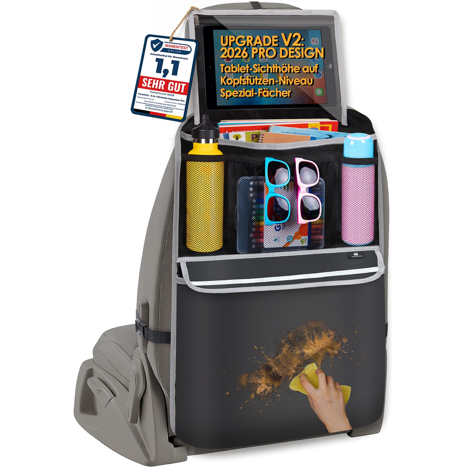 Termichy 3-in-1 Auto Rücksitz-Organizer mit Tablet-Halterung : Rückenlehnenschutz Kinder von Tarpaulin Wasserdichter Trittschutz— Autositze mit Platz Taschen für Snacks & Spielzeug (1 Stück)