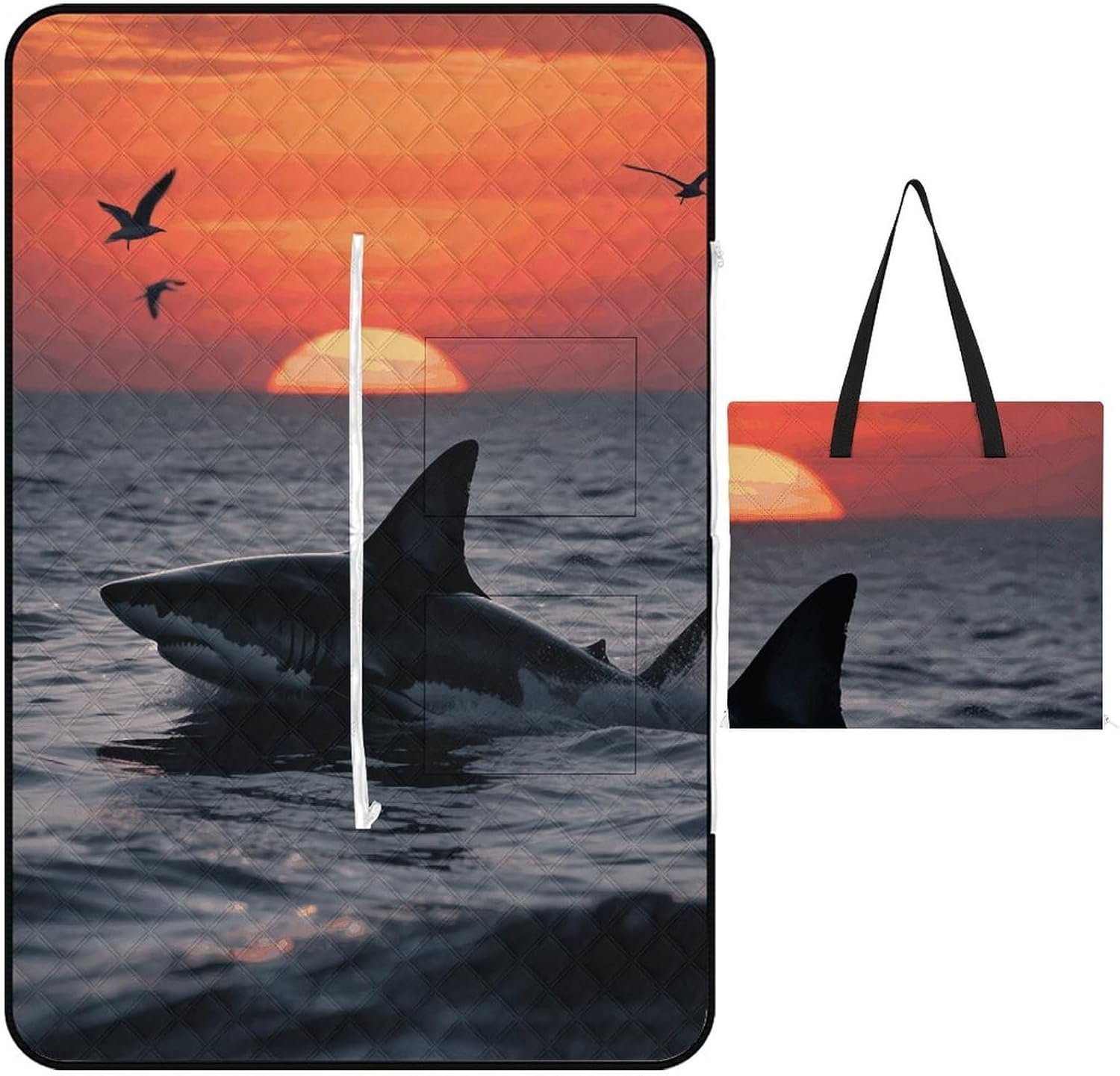 Sneaking Shark Picnic Blanket 150x150cm, Foldable 2-in-1 Picnic Mat and Tote Bag Portable Waterproof Beach Mat Sandproof Outdoor Blanket for Park, Hiking, Beach, Camping, Travel