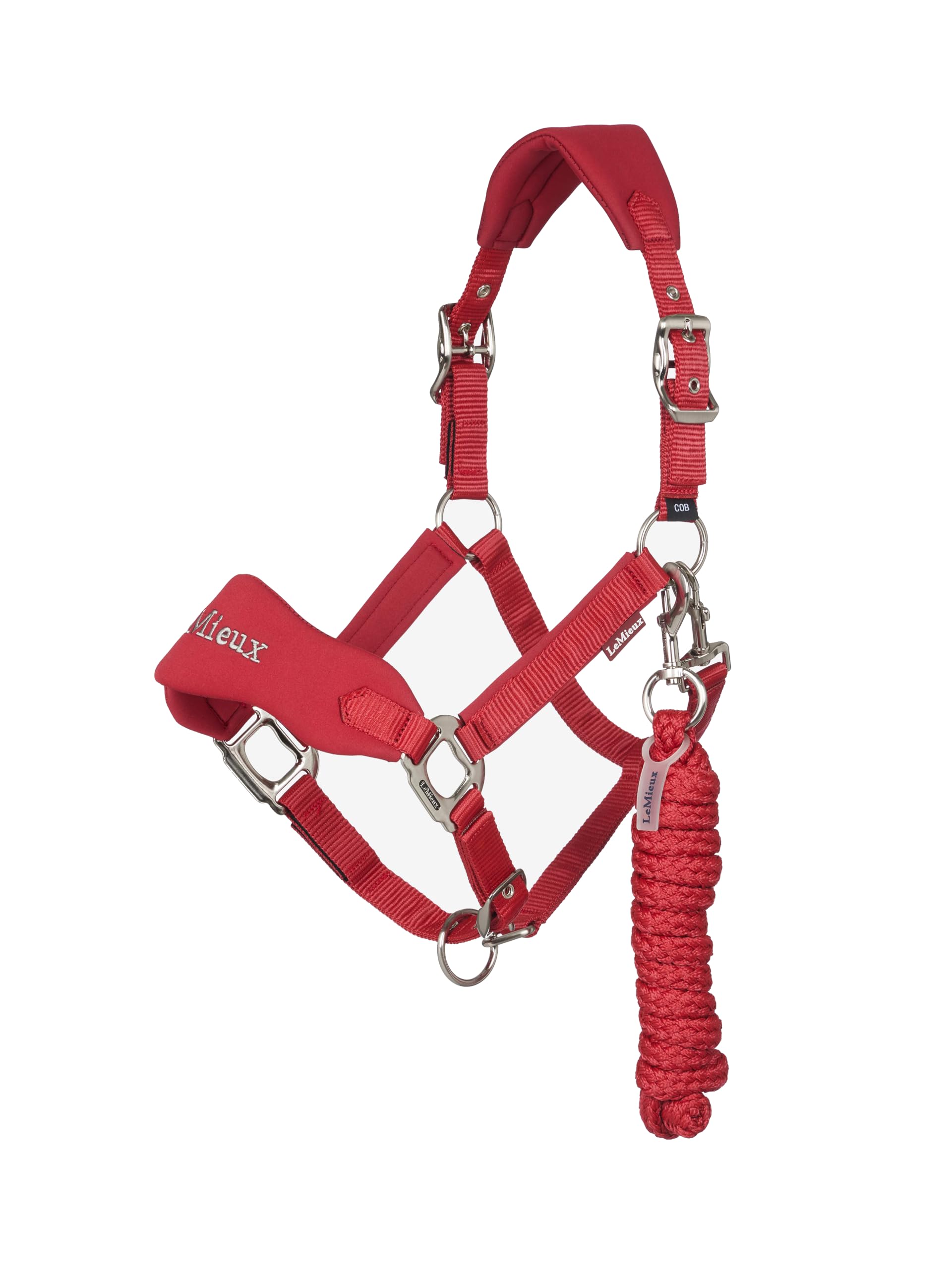 LeMieux Breakaway Vogue Headcollar & Leadrope - Hook & Loop Breakaway on Headpiece & Noseband - Neoprene Padding - Chilli Red - Super Mini