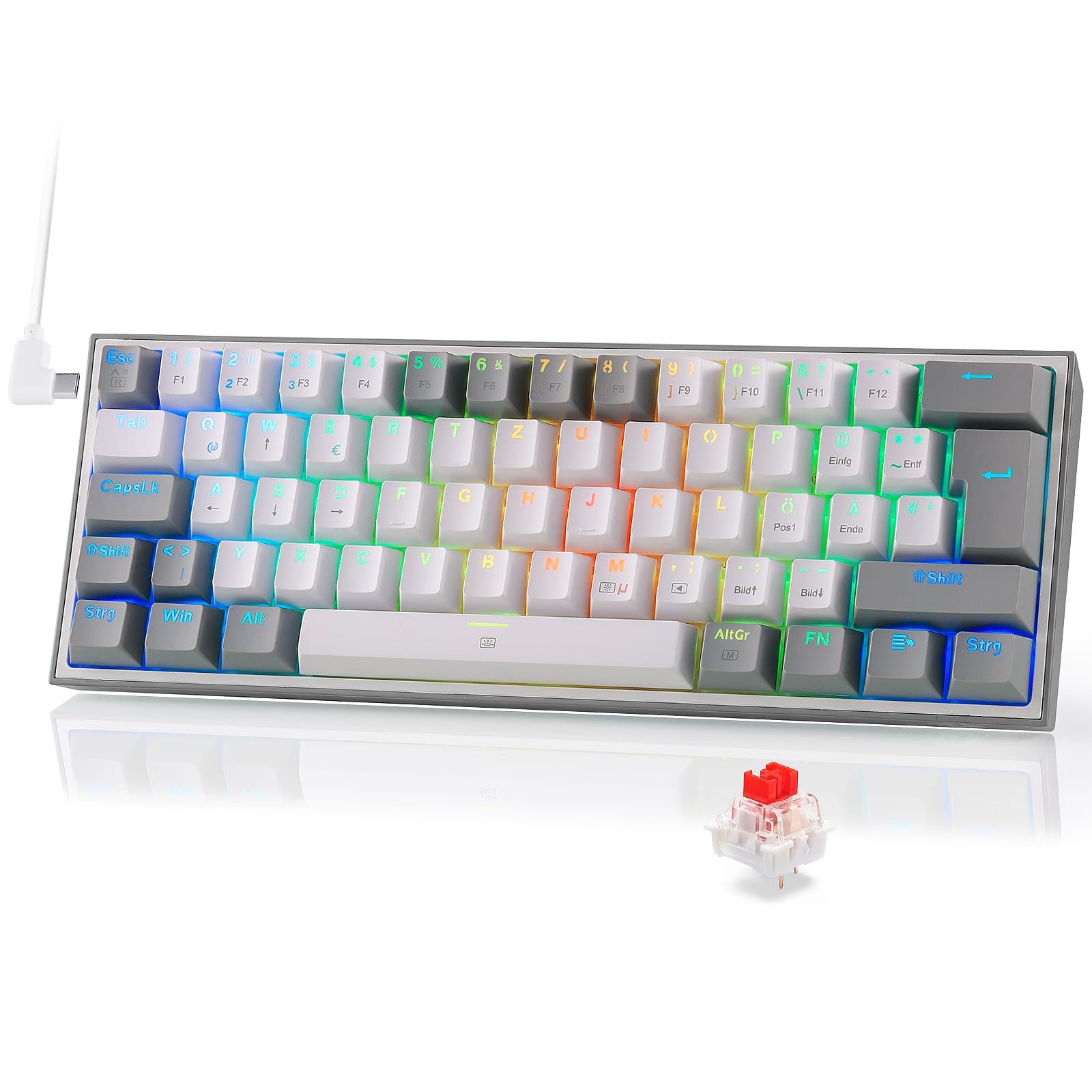 Redragon K617 Fizz 60% Gaming Tastatur QWERTZ Kabelgebunden RGB 62 Tasten | Hot Swap Rote Schalter Programmierbare Tasten Abnehmbares USB C Kabel Grau Weiß