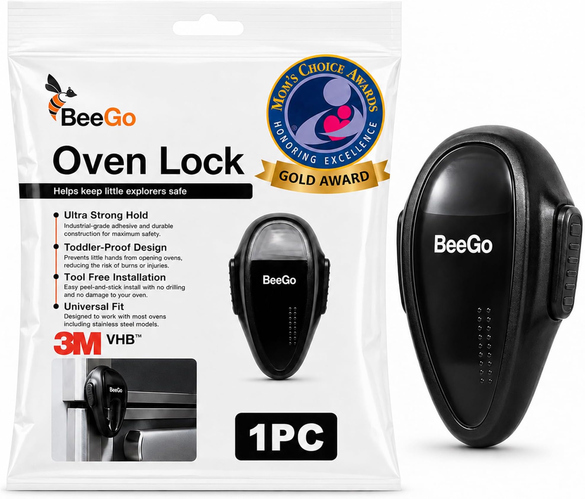 BeeGoยฎ Oven Lock โ Mom's Choice Awardsยฎ Gold | Child Safety Baby Proofing Lock for Oven, Stove & Microwave โ Self-Adhesive, Heat-Resistant, No Drill, Easy Install (Black, Flat Surfaces Only)