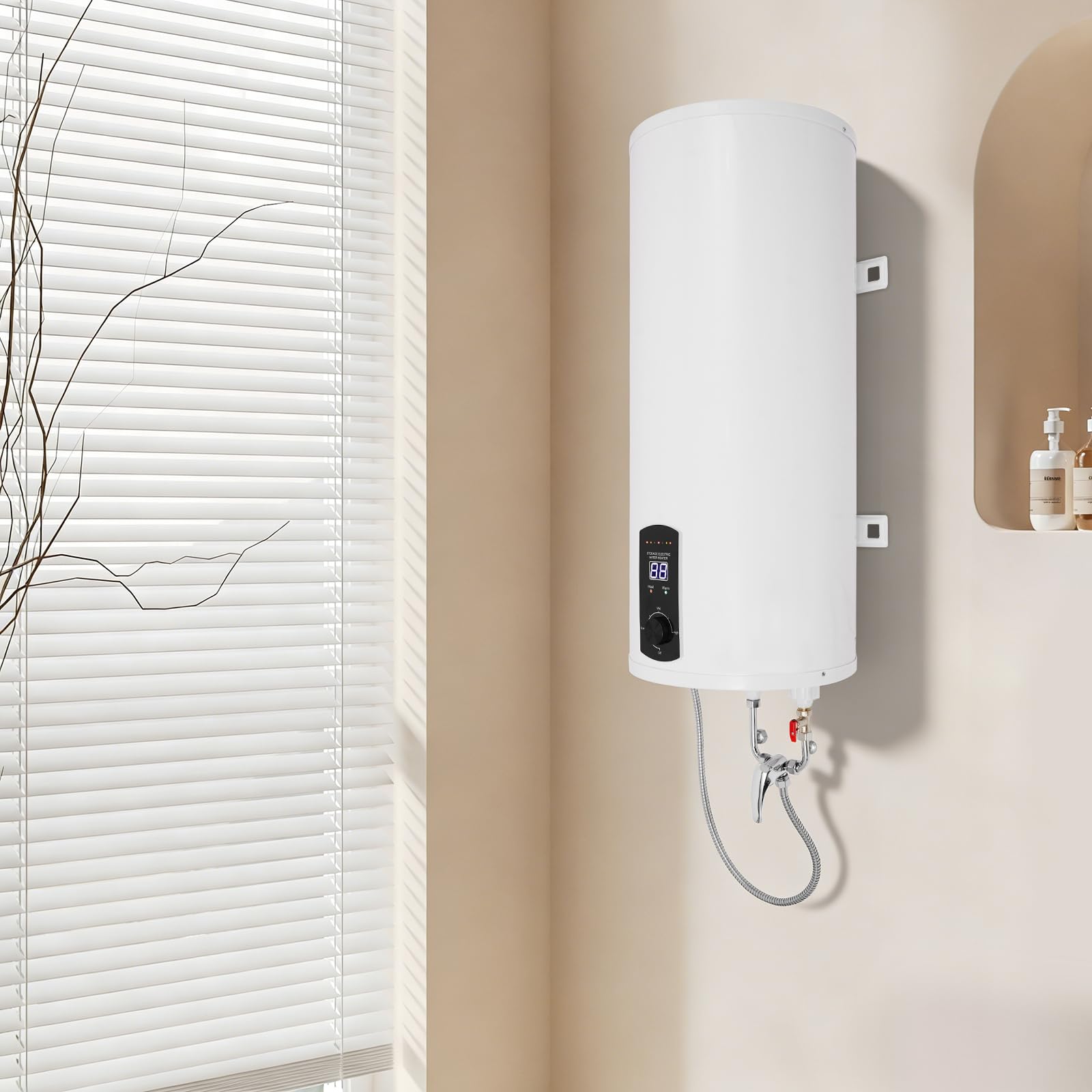 Scaldabagno 60 l, 2000 W, indicatore di temperatura, 25-75 °C, bianco | Con doccetta, rubinetto e 3 tubi, montaggio a parete verticale, connettore G1/2 e spina UE per bagno, cucina e salone