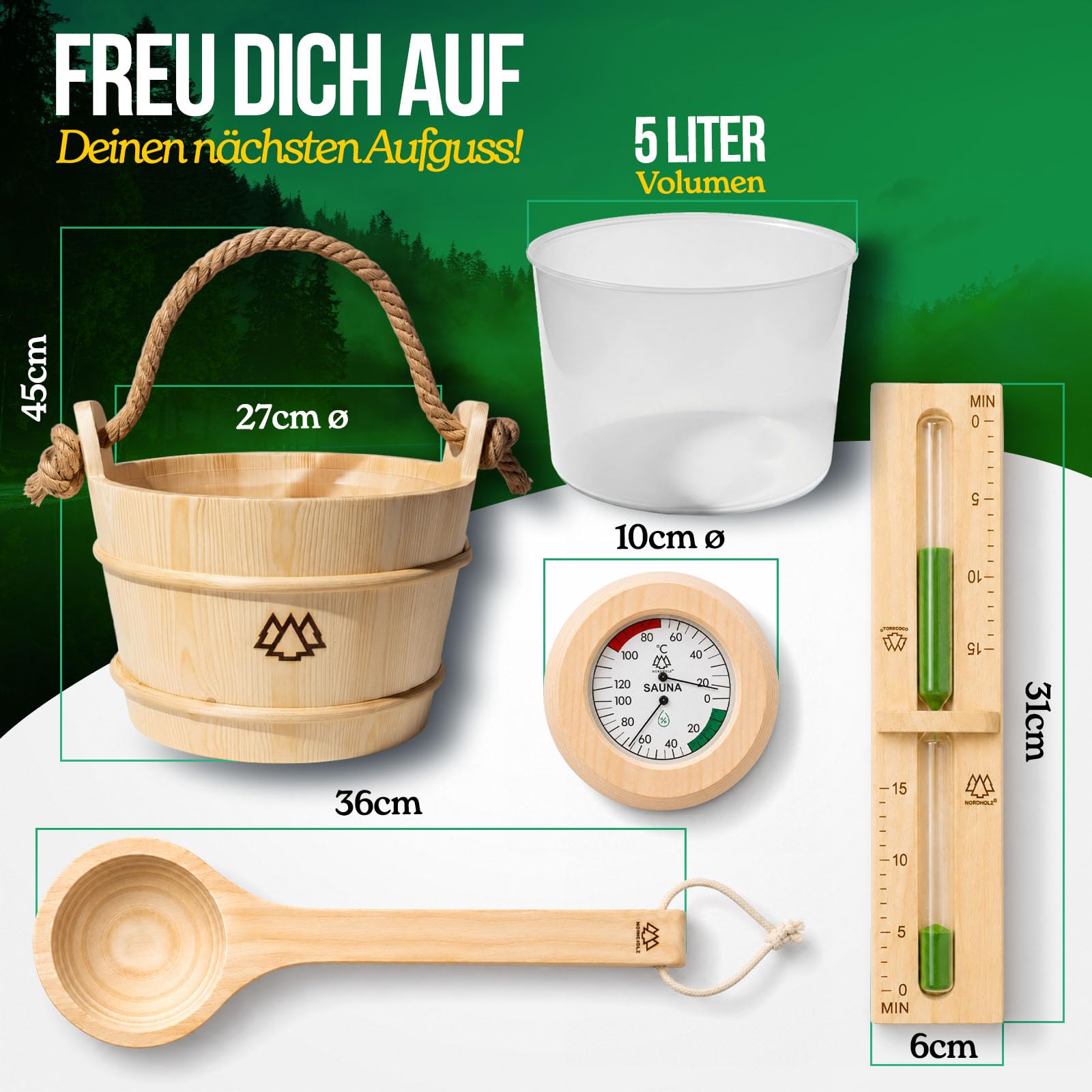 NORDHOLZ® Sauna Zubehör Set XXL [inkl. 5x100ml Sauna Aufgussmittel + 100g Mentholkristalle] Sauna Eimer mit Sauna Sanduhr & Sauna Hygrometer - Sauna Zubehör Geschenk + 3 Ätherische Öle je 15ml
