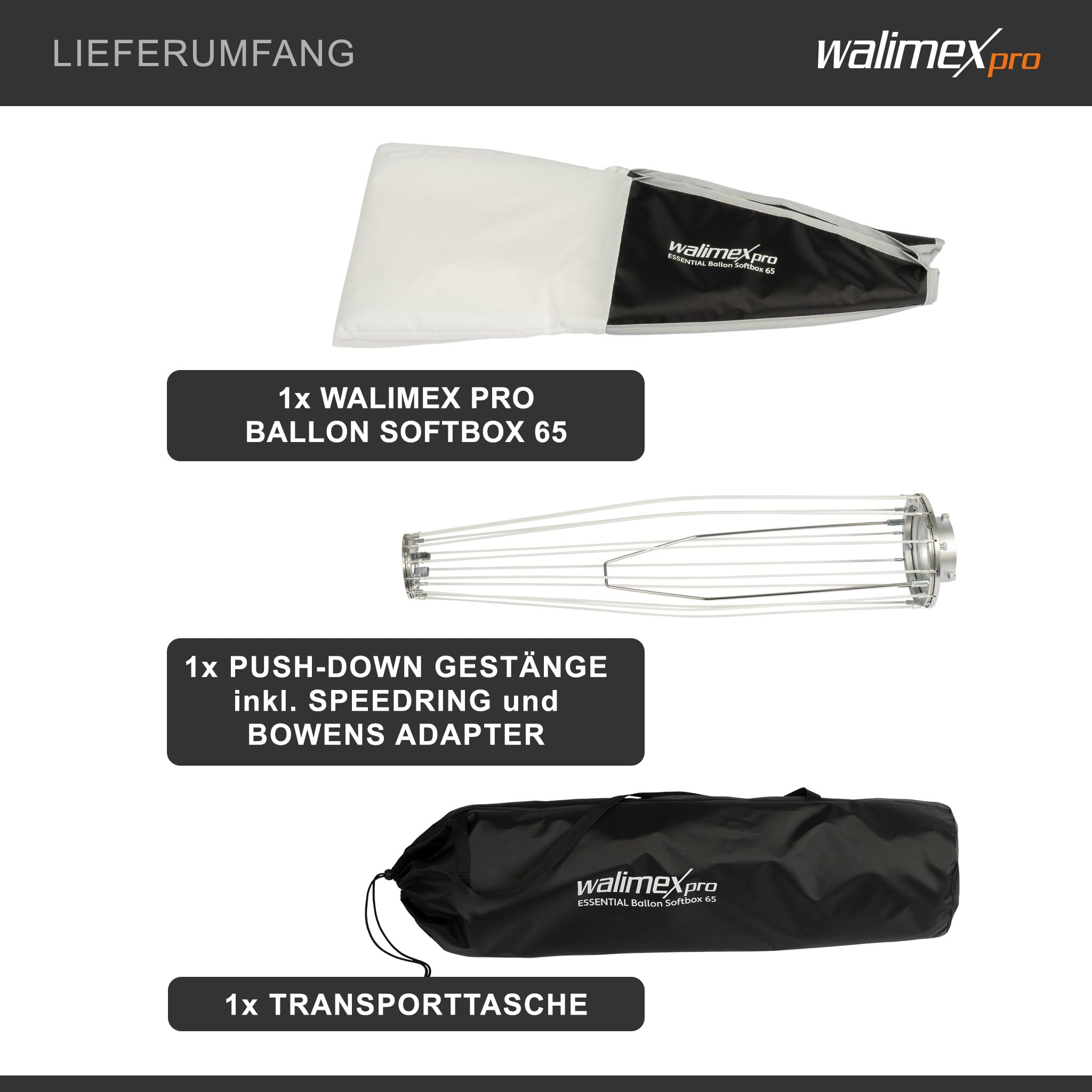 Walimex pro Essential Ballon Softbox 65cm, schnell öffnender 360° Lichtdiffusor, inkl. Bowens Adapter, kompatibel mit Allen gängigen Blitz- und Dauerlichter mit Bowensanschluss