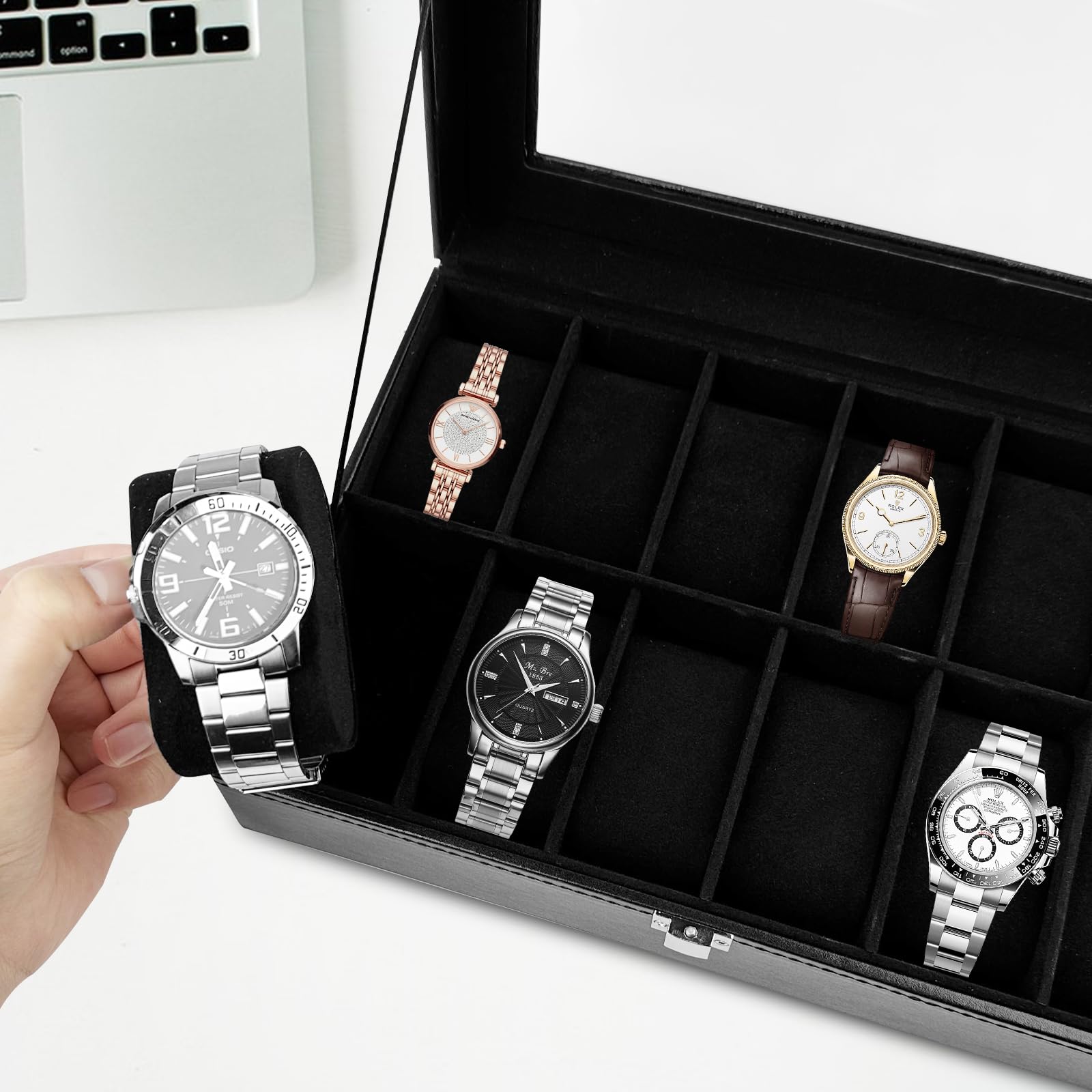 Caja de Relojes con 12 Compartimentos, Soporte de Exhibición con Tapa de Cristal, Almohadilla Extraíble