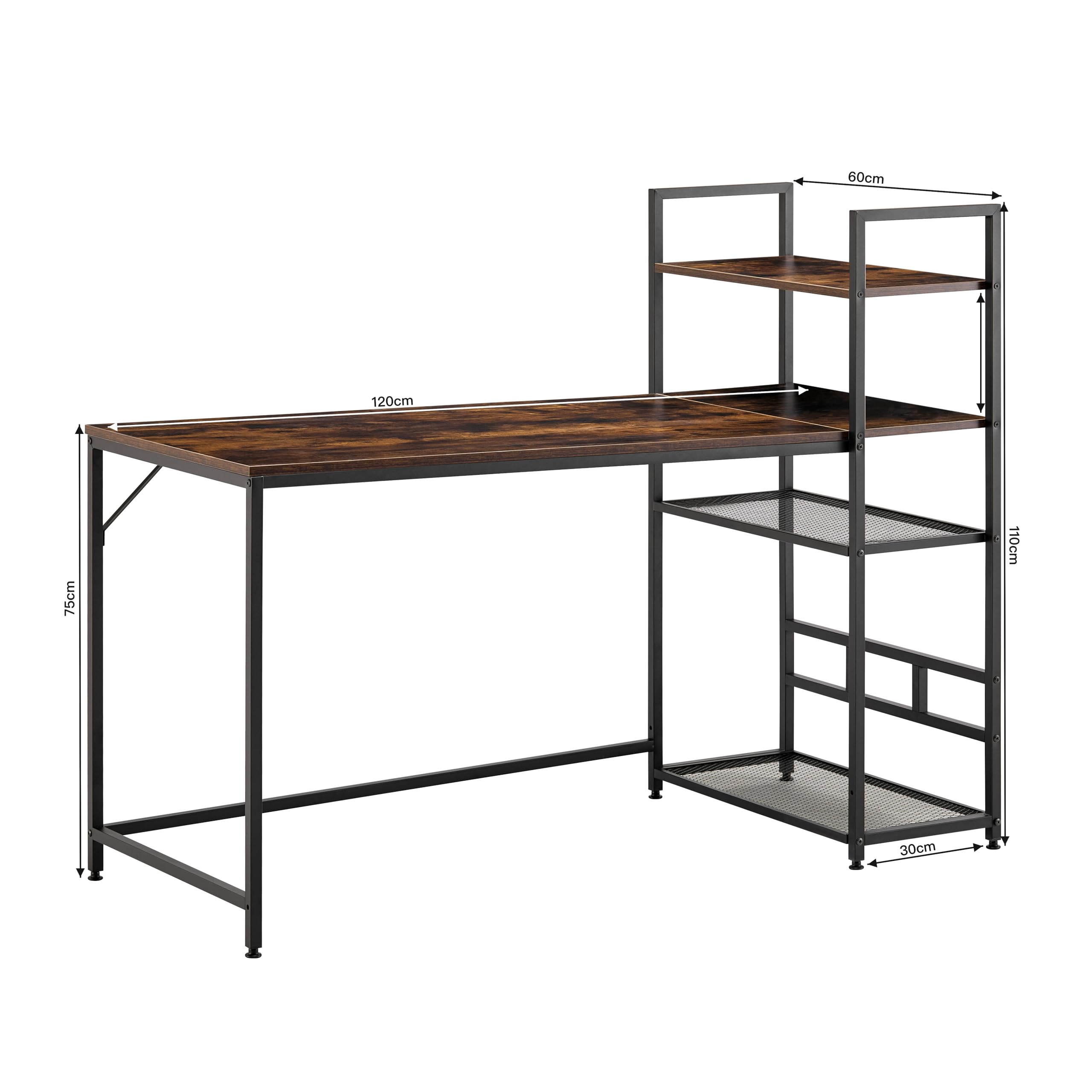 Garvis Schreibtisch 120x60 cm (110 cm Hoch) – 3-Tier Aufsatzregal – PC Tisch Rustic/Schwarz