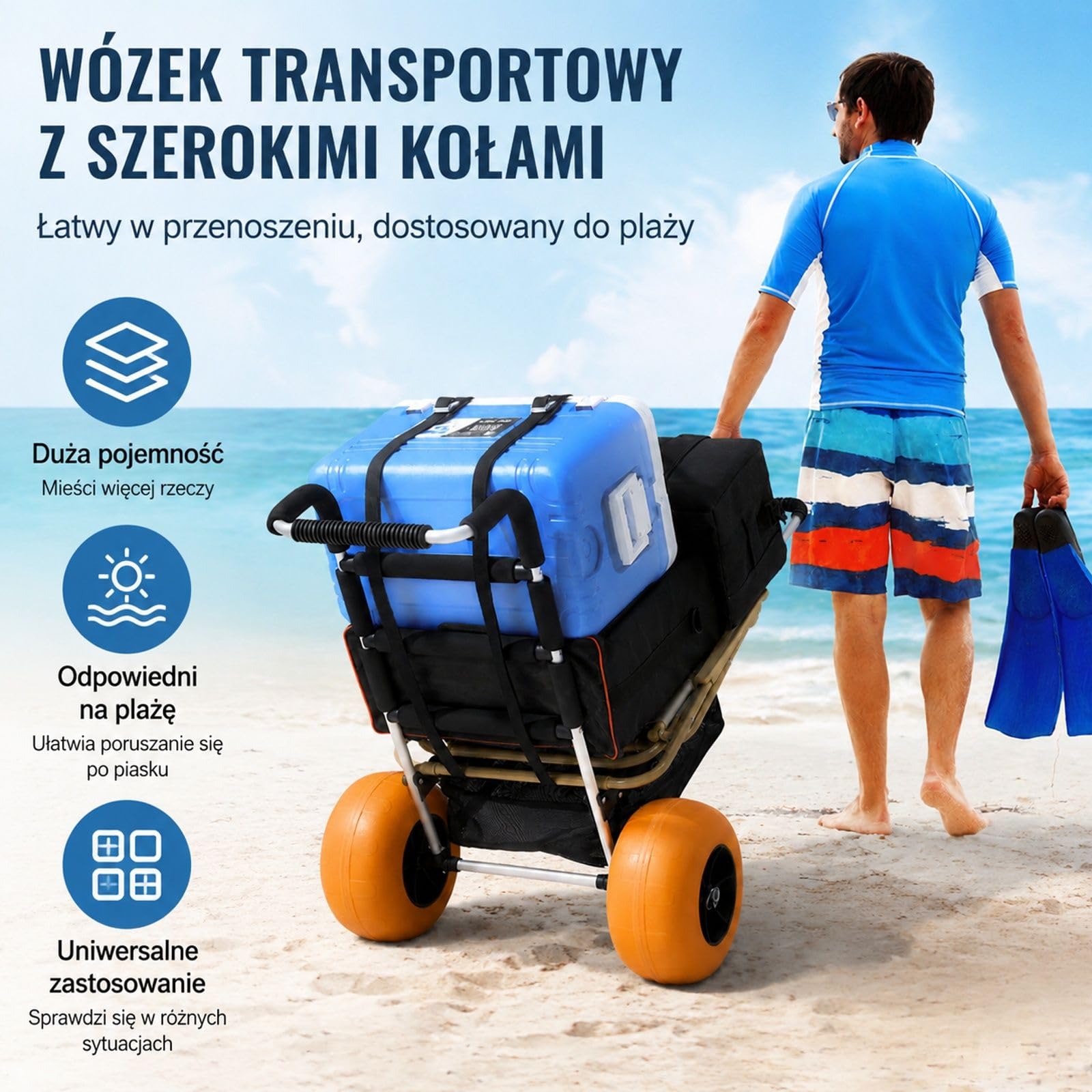 Składany wózek plażowy z aluminium, regulowany uchwyt, duże koła i platforma ładunkowa do pia ogrodu