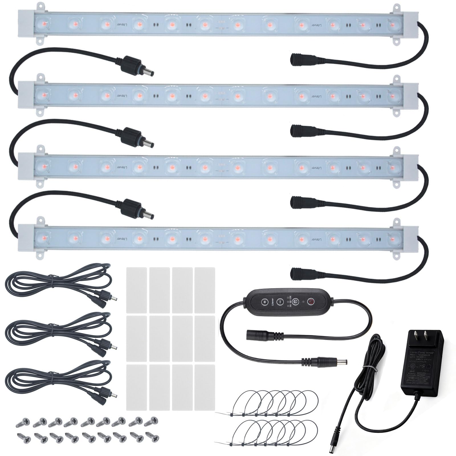 Litever Grow Light Strip Kit 36W with Timer, 4 pcs 16 Inches LED Grow Light Strips with Extension Cables, Mounting Accessories for Greenhouse, Grow Shelf. Perfect for Indoor Growing-(4-Strip-Kit)