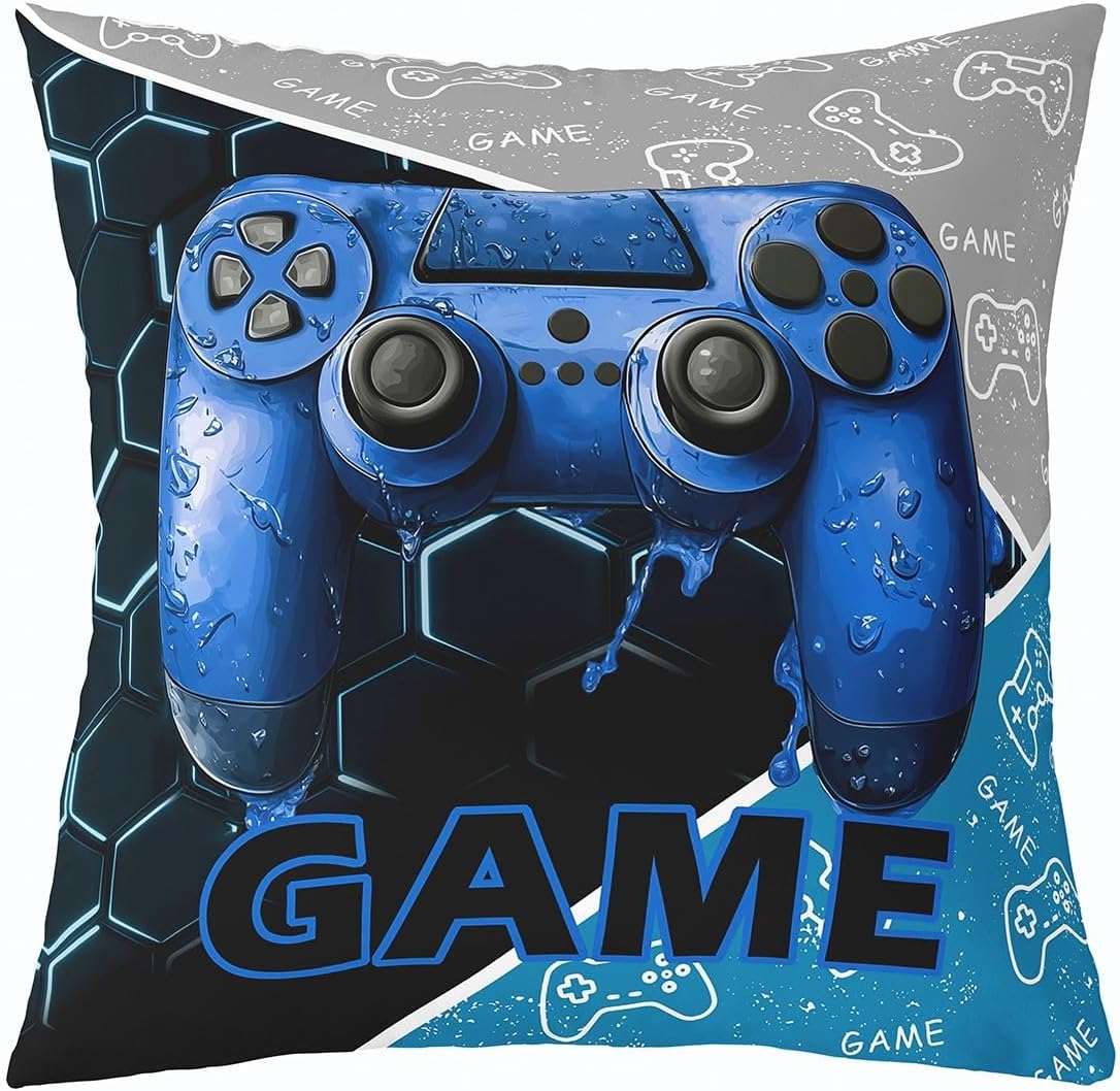 Gaming Boys Throw Pillow Cover Blue Video Game Consoles Gamepad Kids Pillow Cover for Living Room Bedroom Geometric Honeycomb Gamer Room Decor Home Decor Cushion Case Pillowcase 18x18 Inch