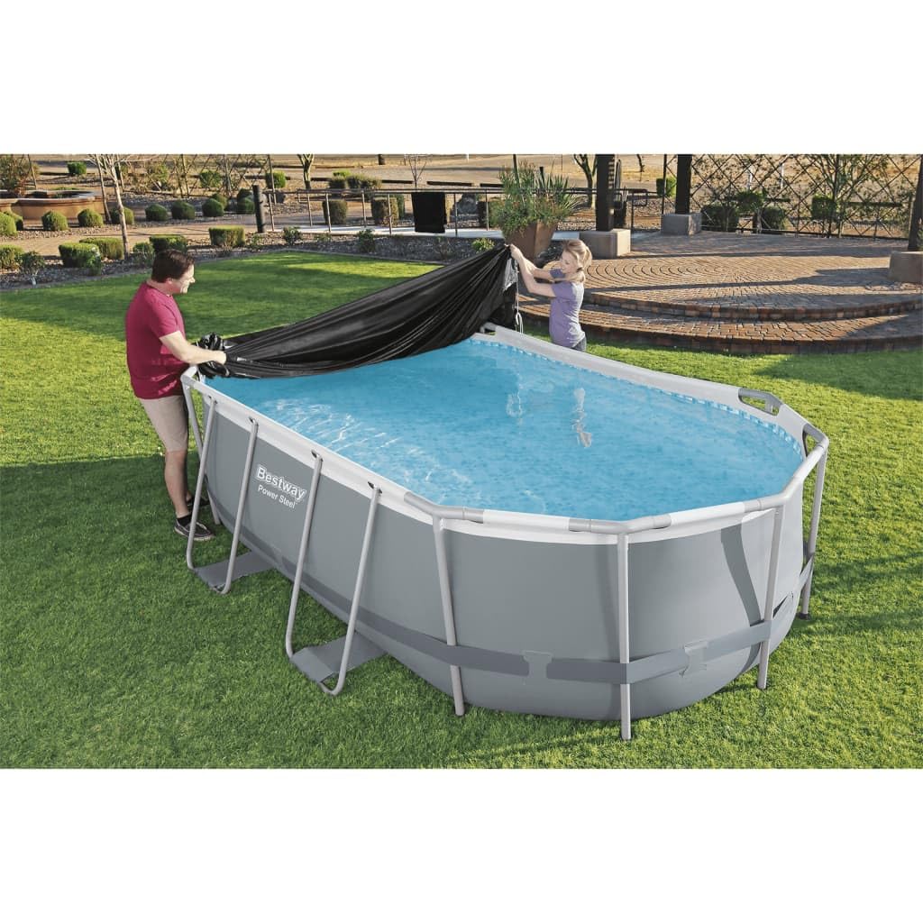 Couverture de Piscine Bestway Flowclear en PVC 418 x 230 cm pour Piscine Ovale Power Steel 427 x 250 x 100 cm, Cordes de Fixation, Trous de Drainage, extérieur Jardin Bassin